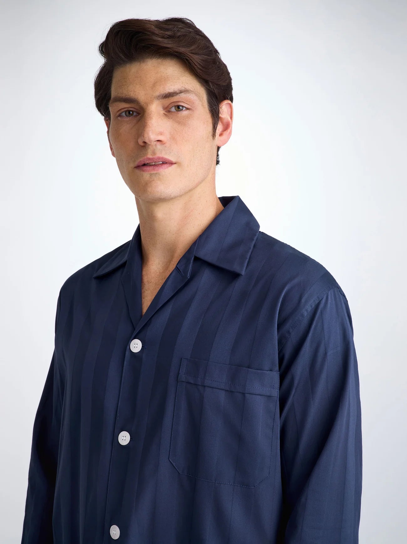 Pigiama lungo cotone Satin Rigato navy Derek Rose