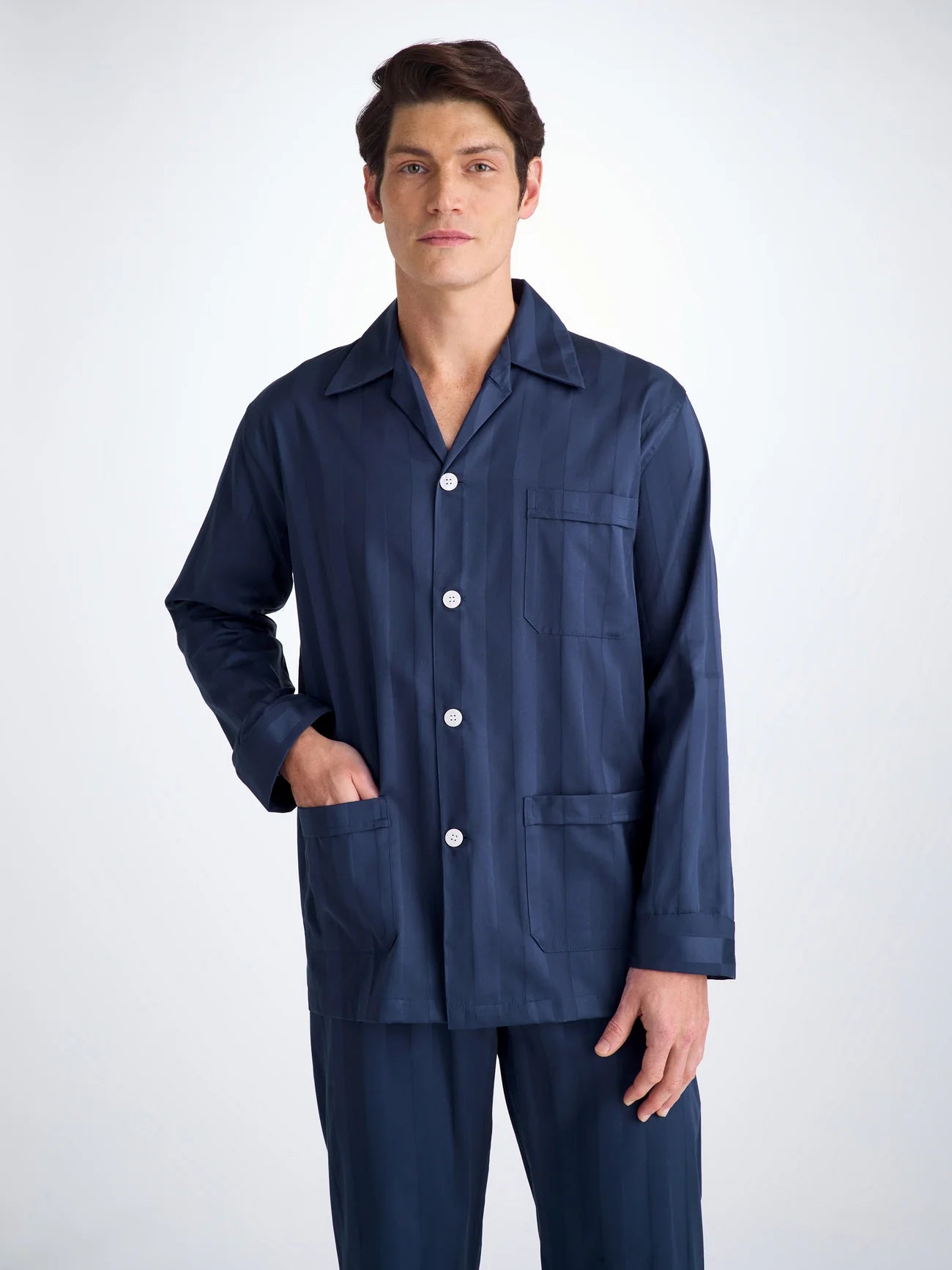 Pigiama lungo cotone Satin Rigato navy Derek Rose