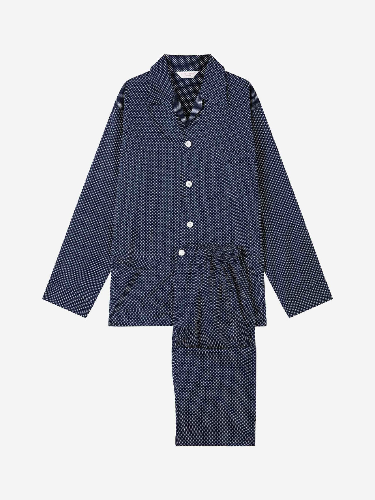 Pigiama lungo cotone navy micro pois bianco Derek Rose