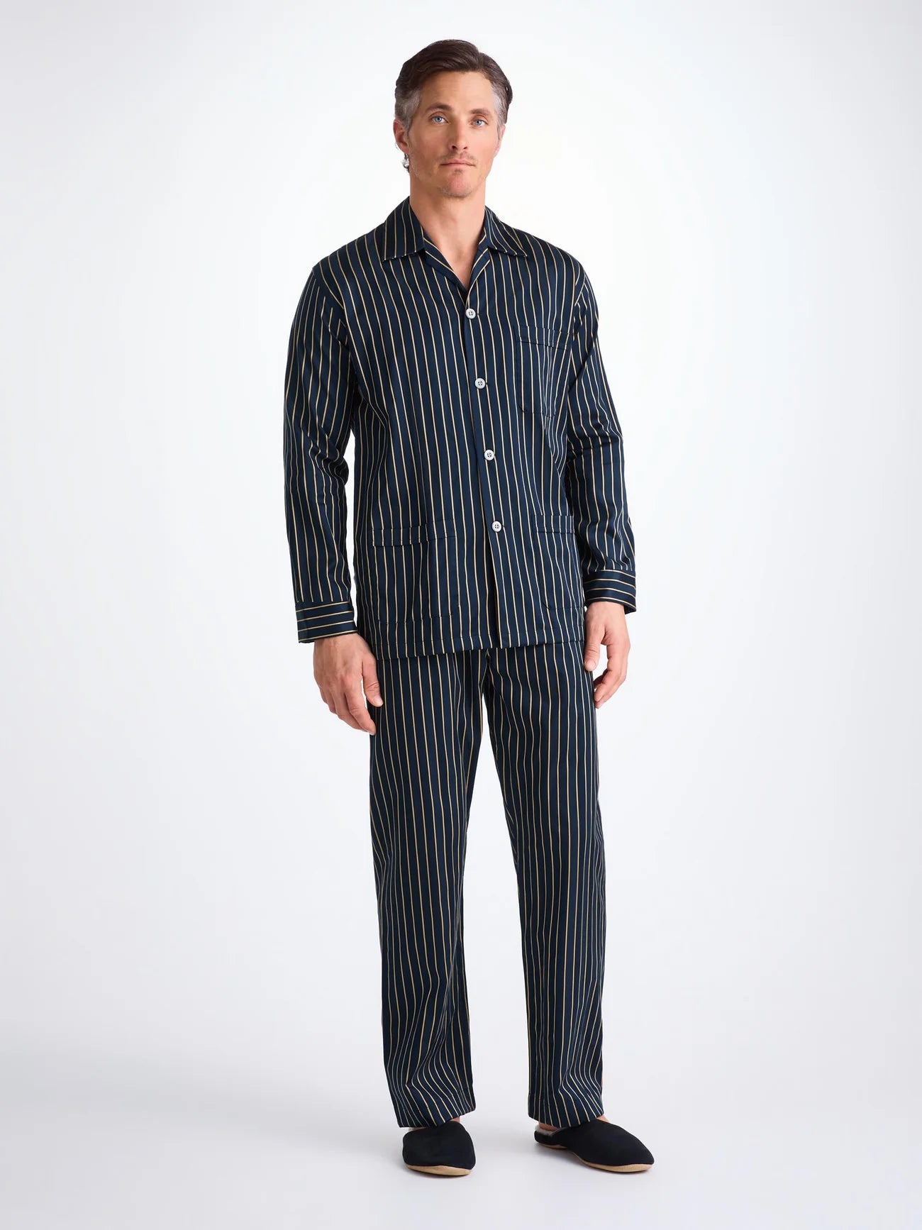 Pigiama lungo cotone satin Royal stripe navy Derek Rose