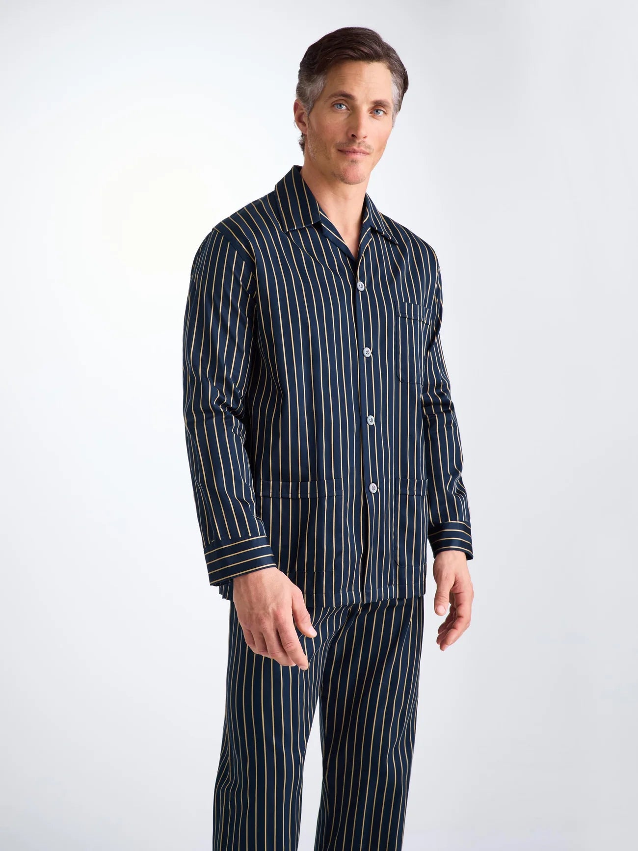 Pigiama lungo cotone satin Royal stripe navy Derek Rose