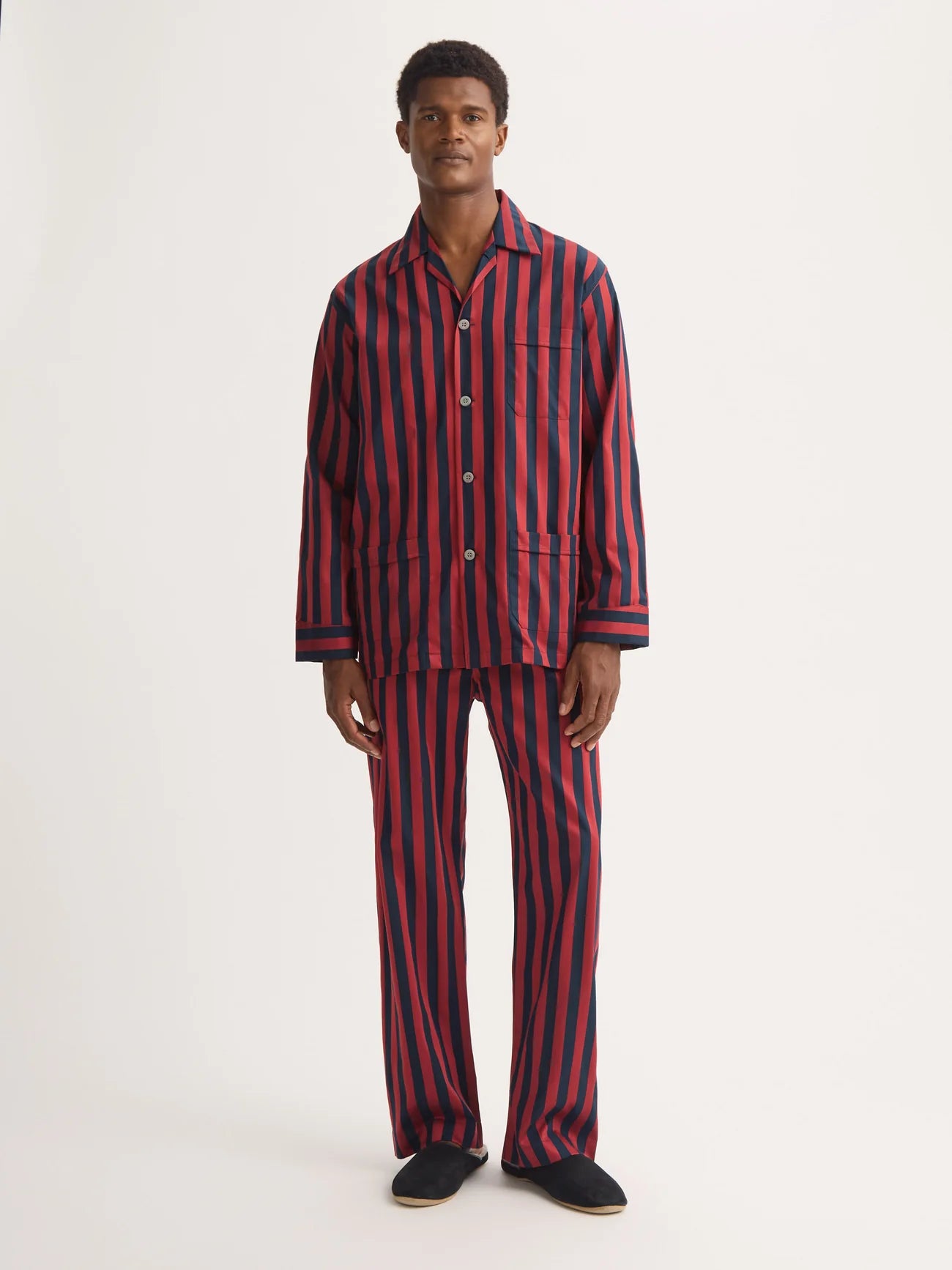 Pigiama lungo cotone satin royal rosso blu Derek Rose