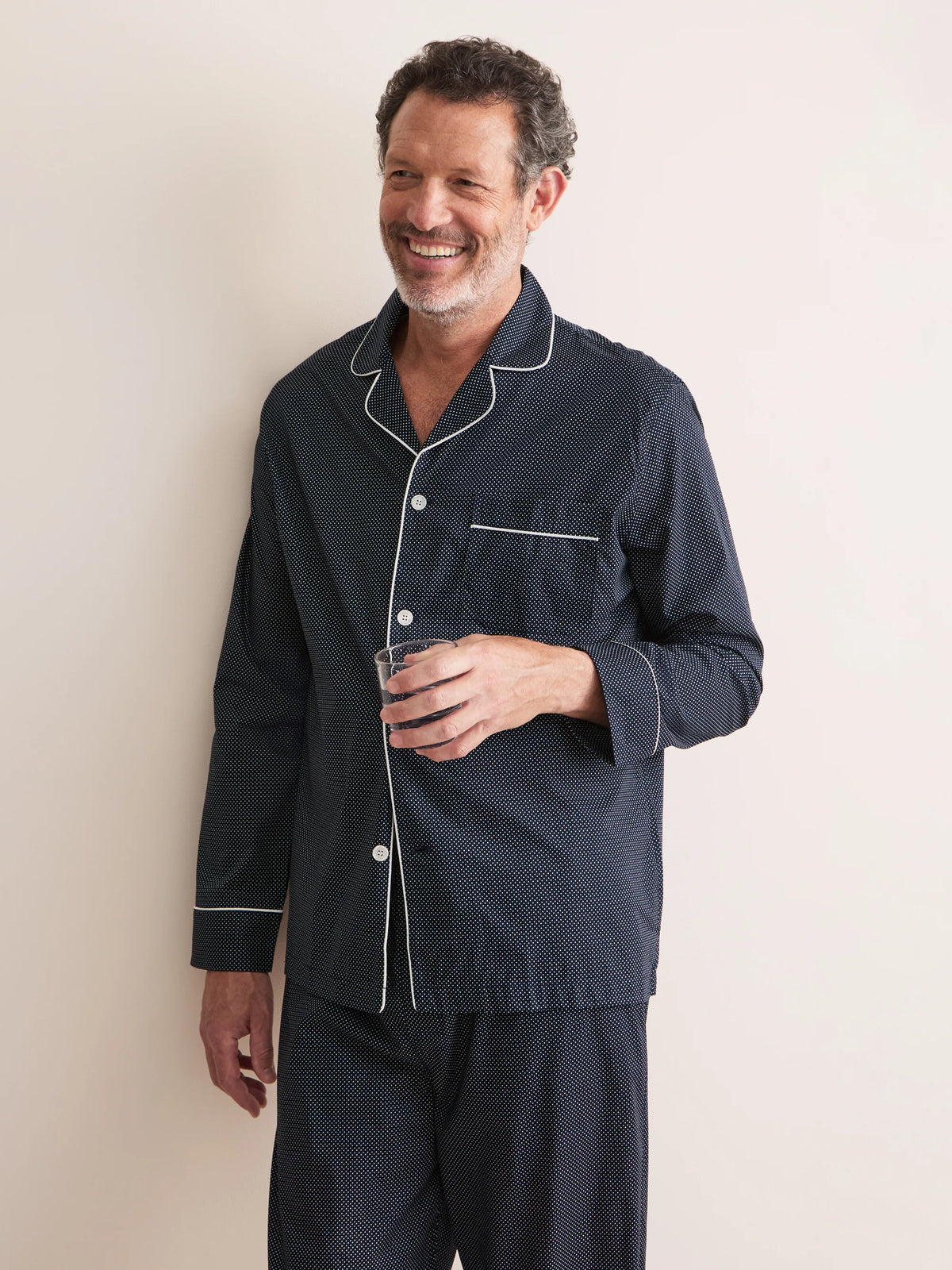 Pigiama lungo cotone navy micro pois bianco Derek Rose
