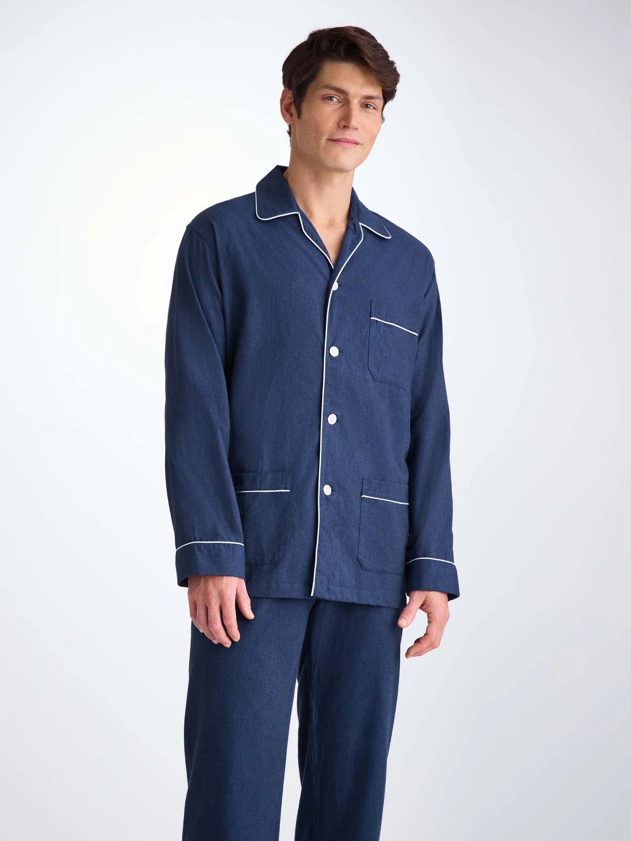 Pigiama lungo cotone brushed navy Derek Rose