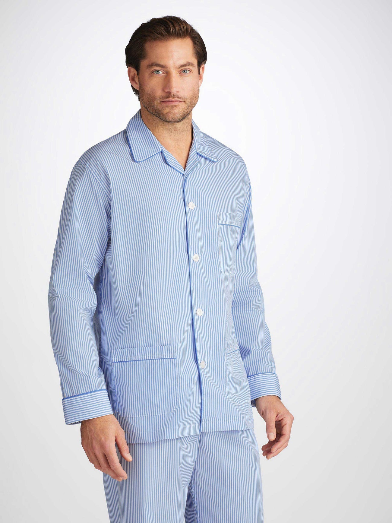Pigiama lungo cotone rigato bianco azzurro Derek Rose