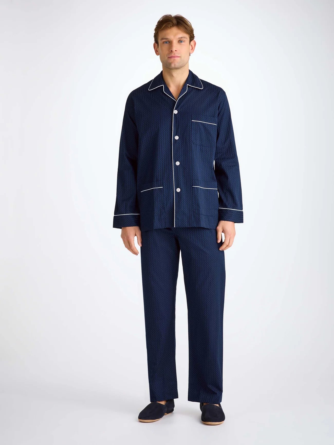 Pigiama lungo cotone satin micro pois navy Derek Rose