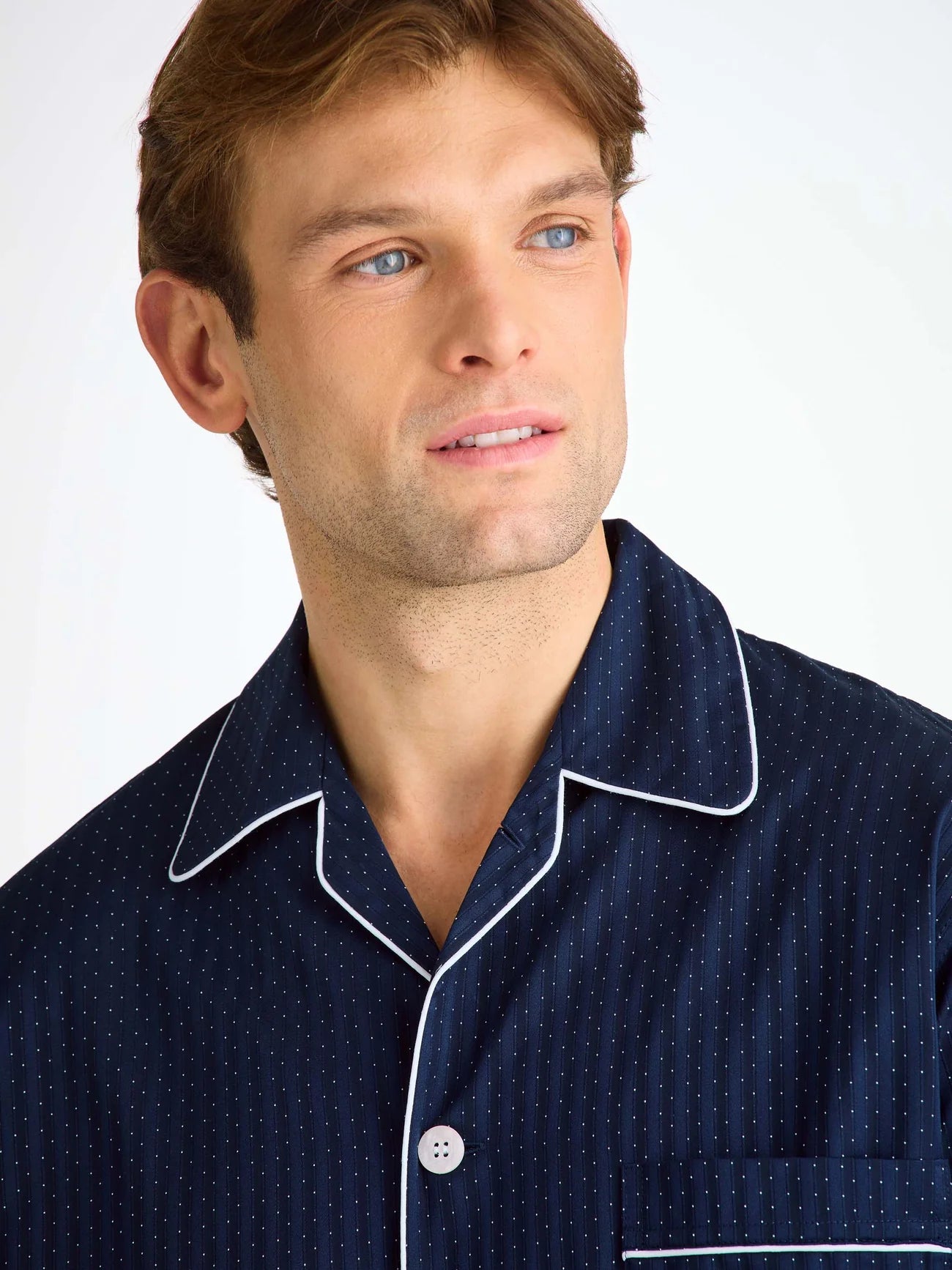 Pigiama lungo cotone satin micro pois navy Derek Rose