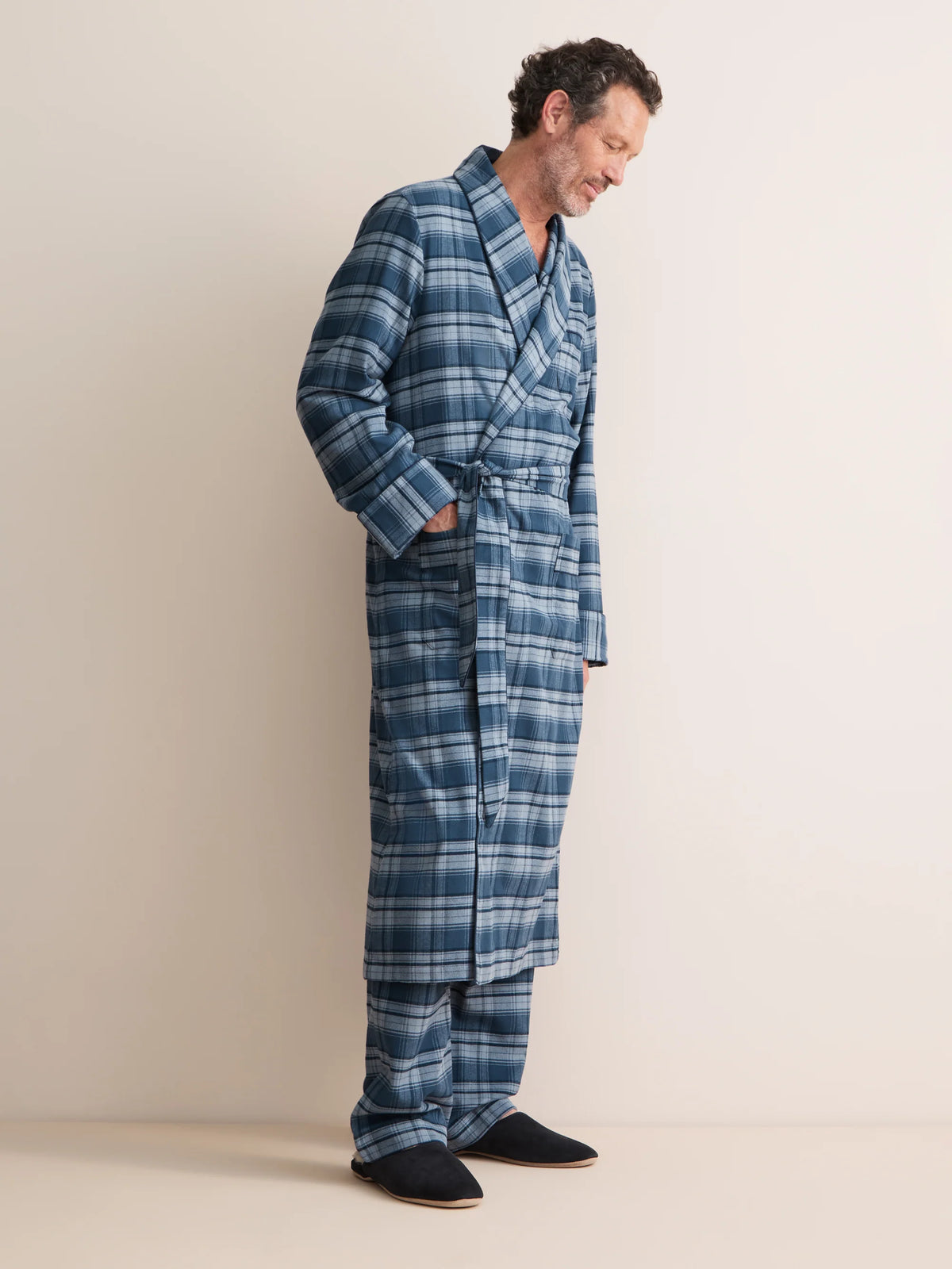 Vestaglia cotone brushed check blu Derek Rose