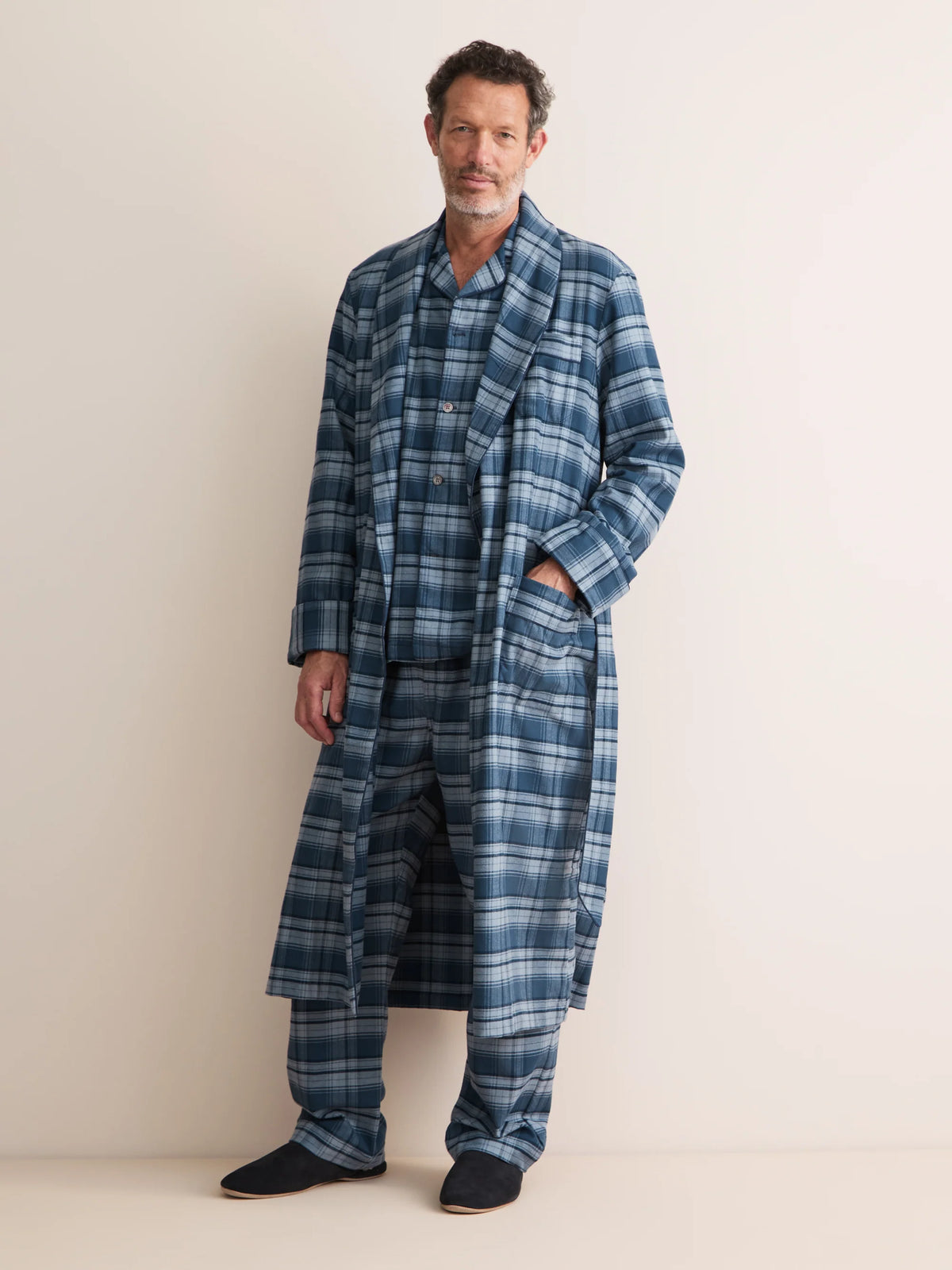 Vestaglia cotone brushed check blu Derek Rose