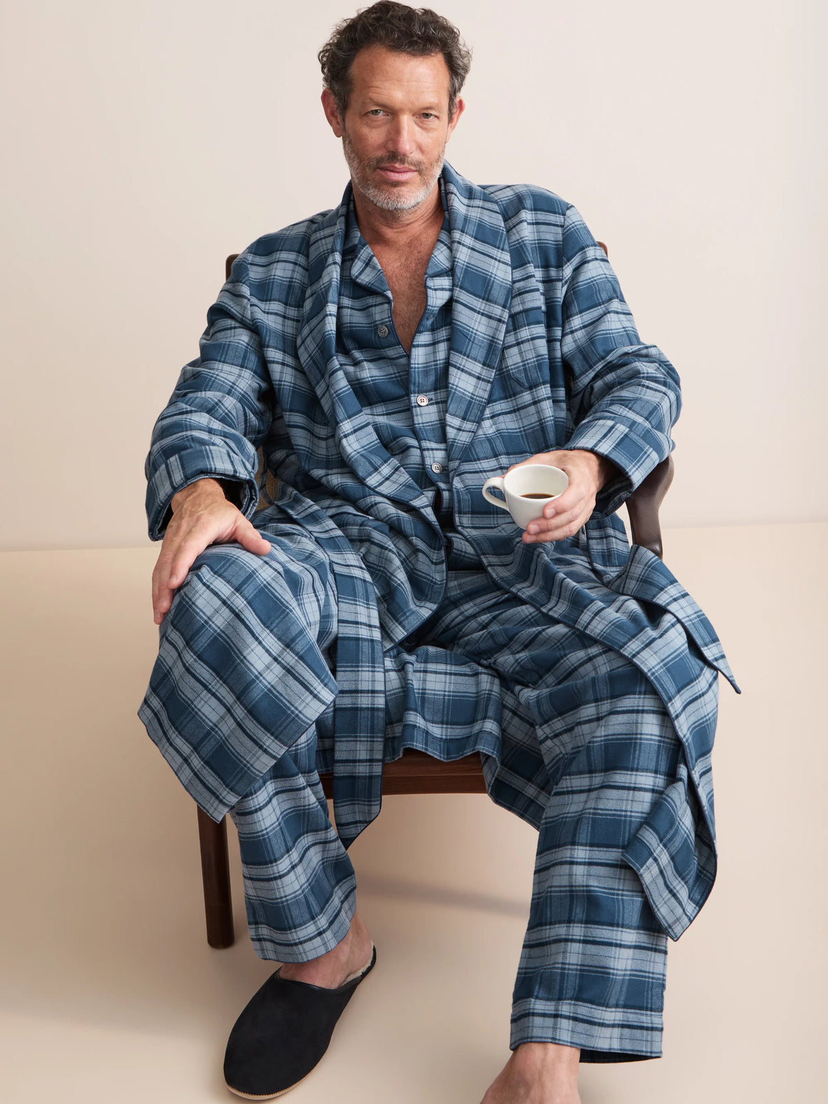 Vestaglia cotone brushed check blu Derek Rose
