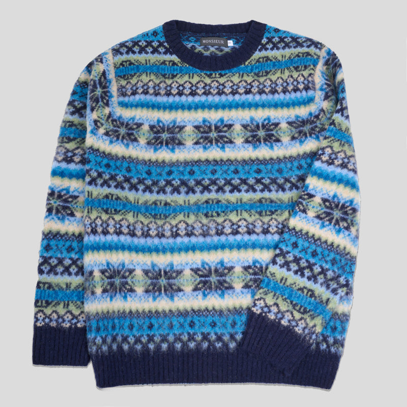 Girocollo brushed shetland Fairisle All Over New Navy Monsieur