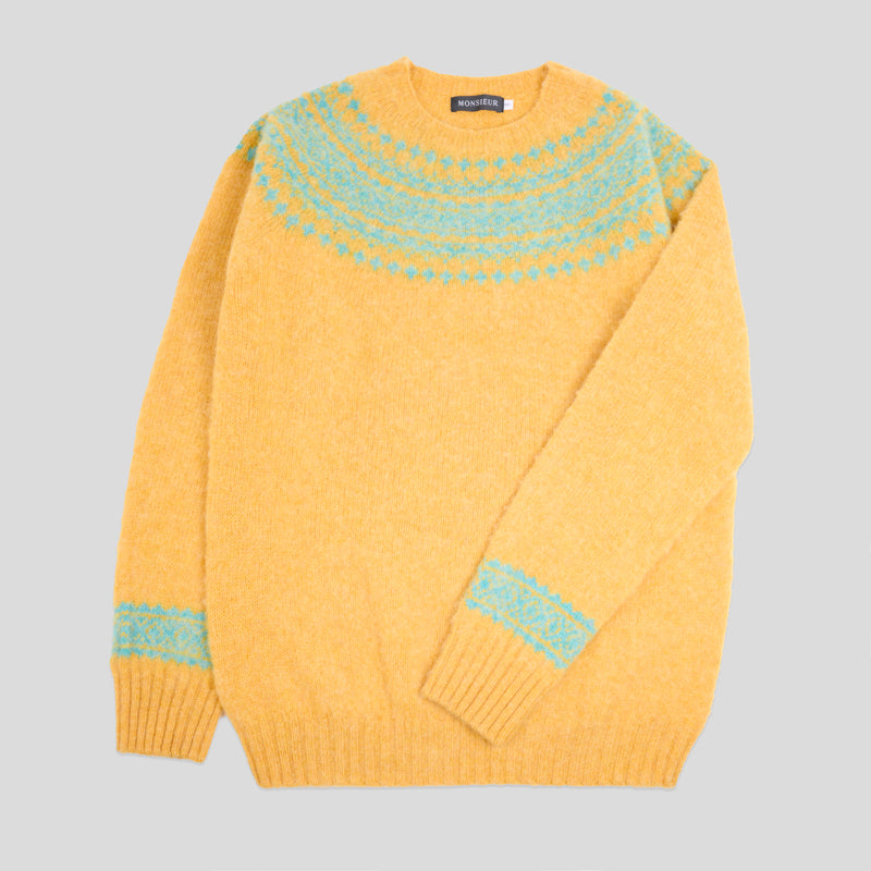 Girocollo raglan brushed shetland fair isle yoke Marzipan Marble gemstone Monsieur