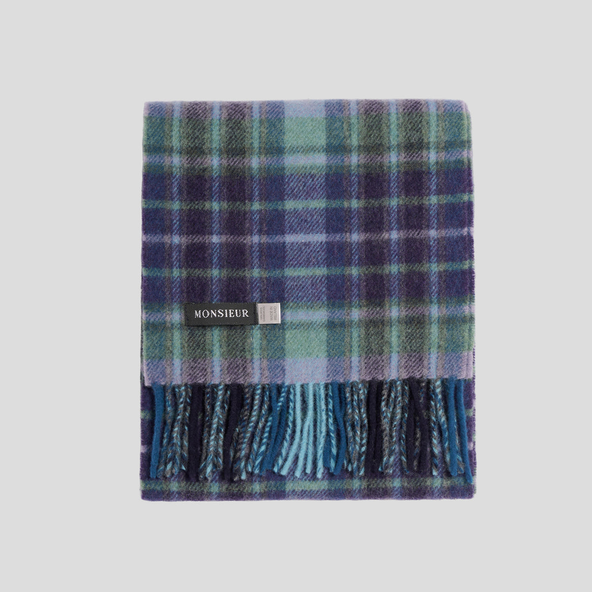Sciarpa lambswool check blu petrolio lilla Monsieur