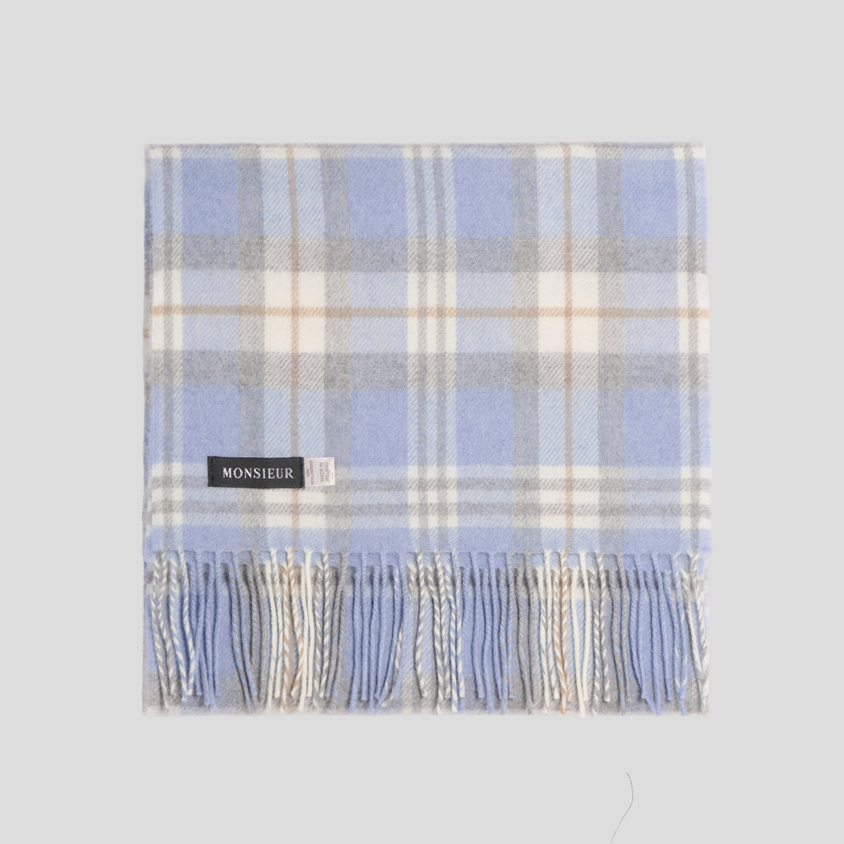 Sciarpa check luxury wool celeste bianco beige Monsieur