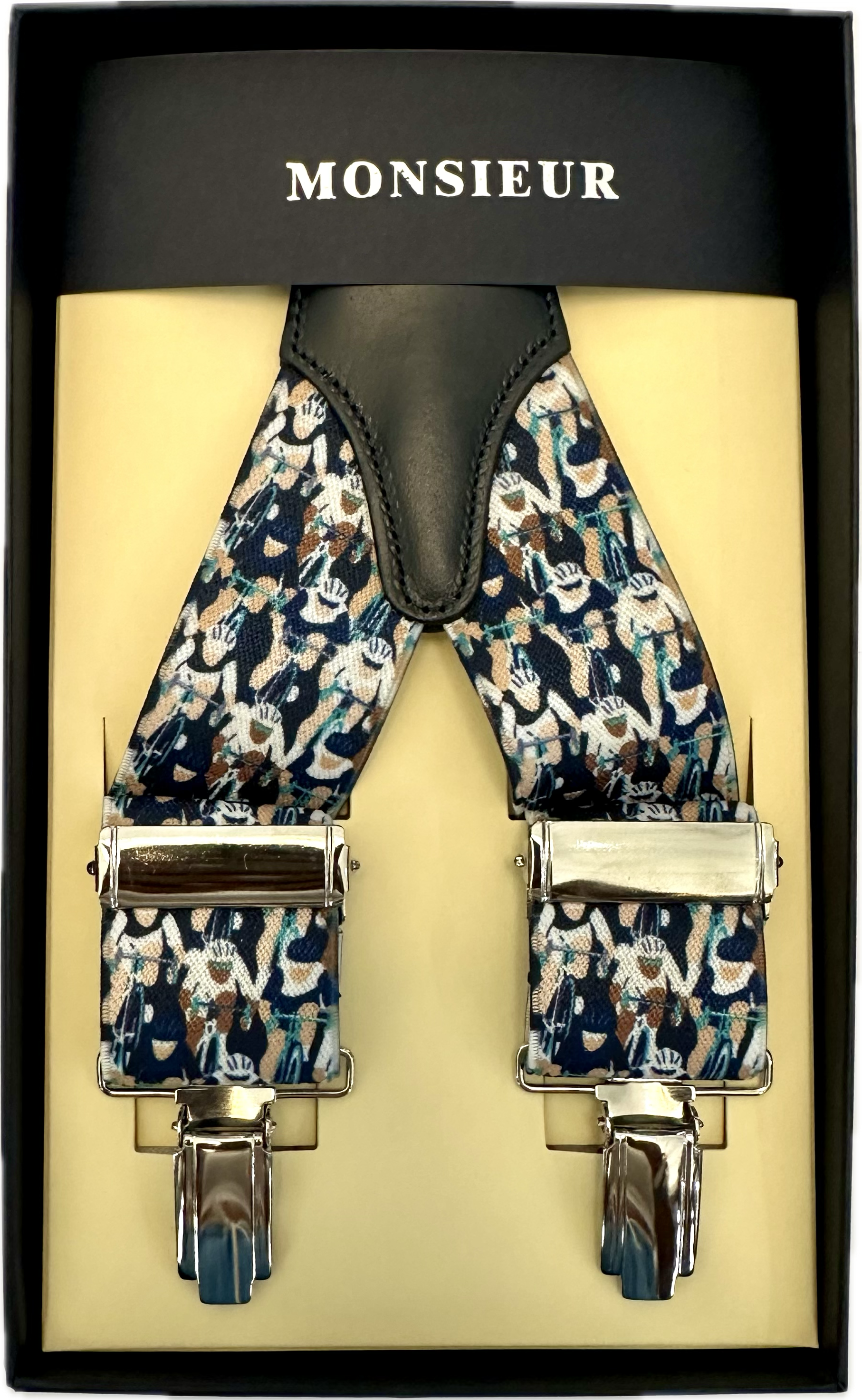 Bretelle elastico clip fantasia ciclisti blu bianca Monsieur