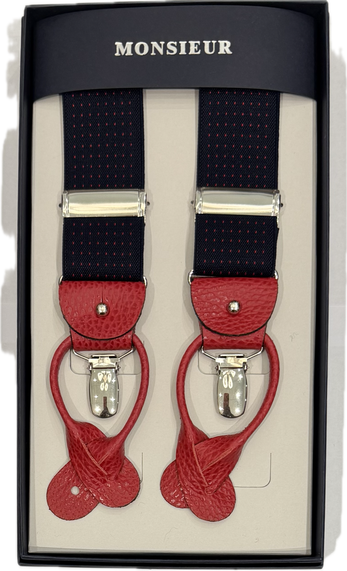 Bretelle blu micro pois rossi Monsieur