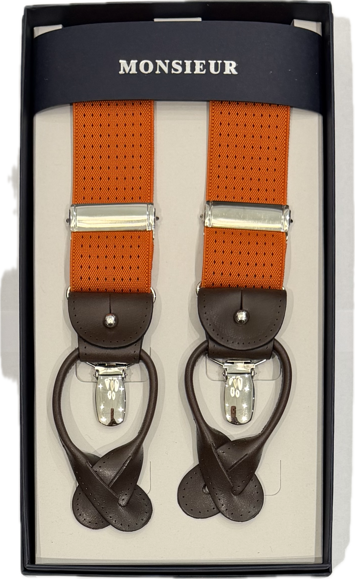 Bretelle arancione micro pois blu Monsieur