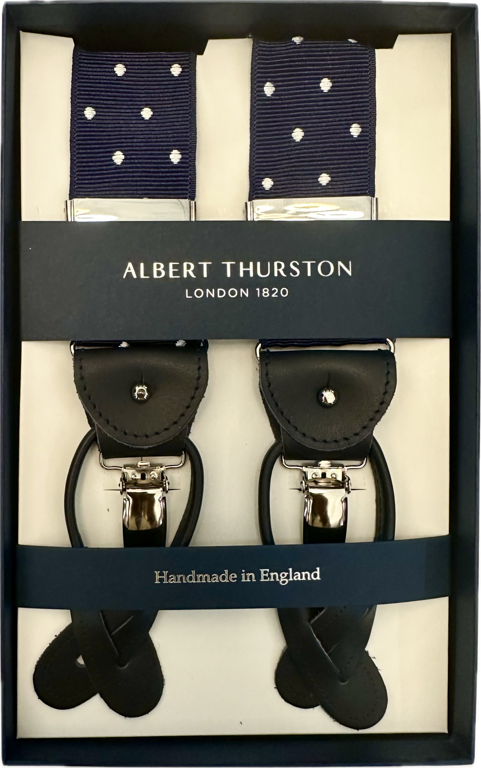 Bretelle barathea blu pois bianco Albert Thurston