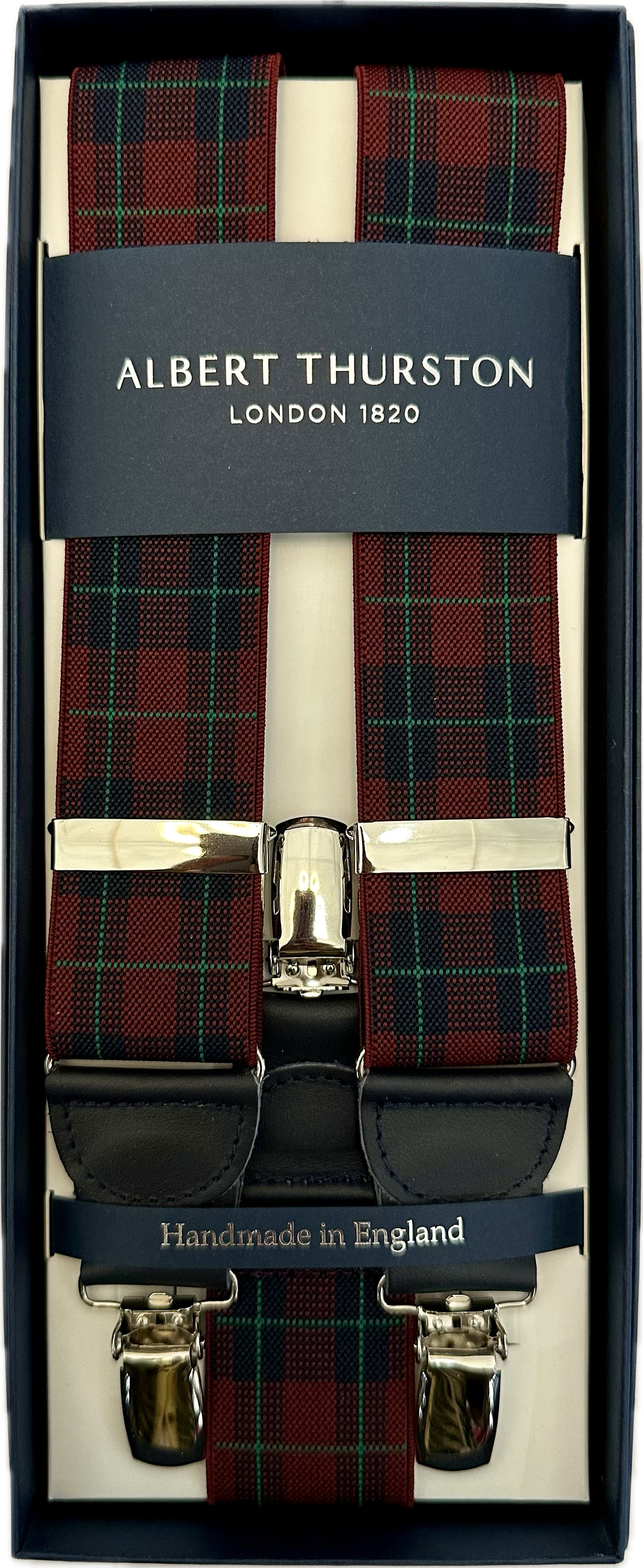 Bretelle elastico clip fantasia tartan bordeaux Albert Thurston