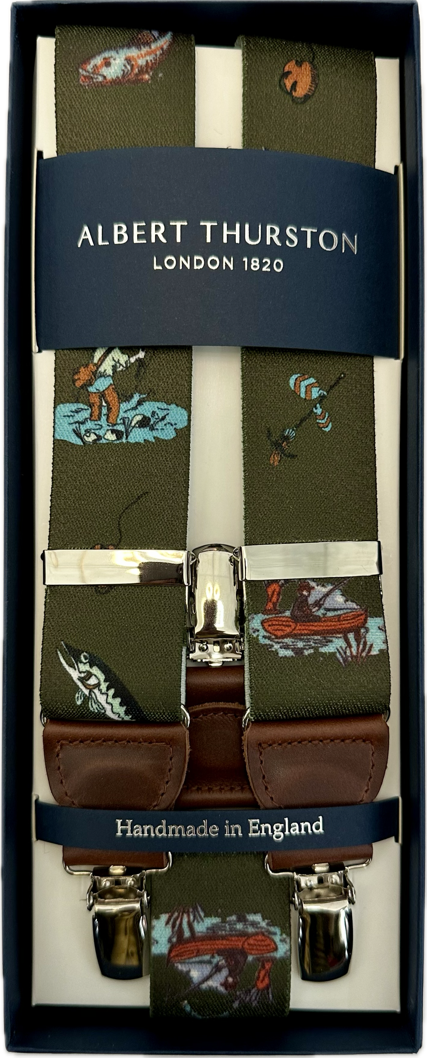 Bretelle elastico clip fantasia pesca verde Albert Thurston