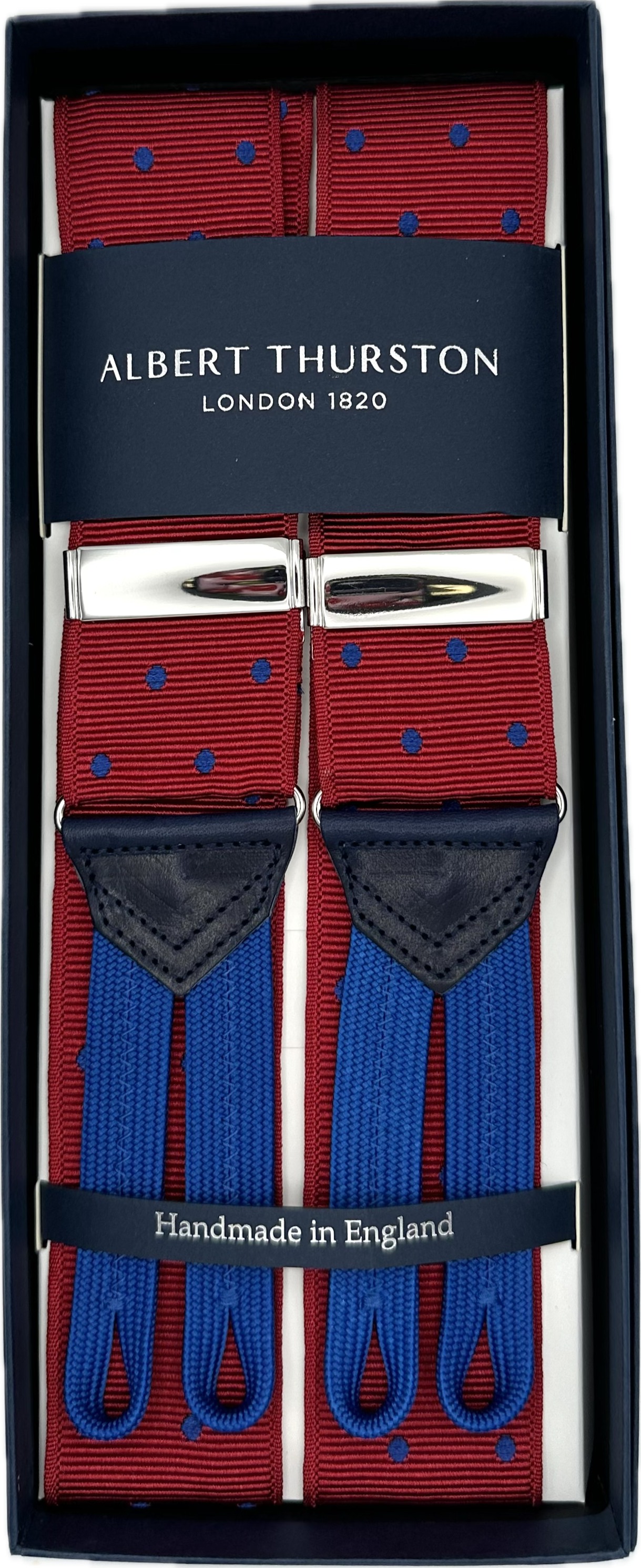 Bretelle barathea rossa pois royal blue Albert Thurston