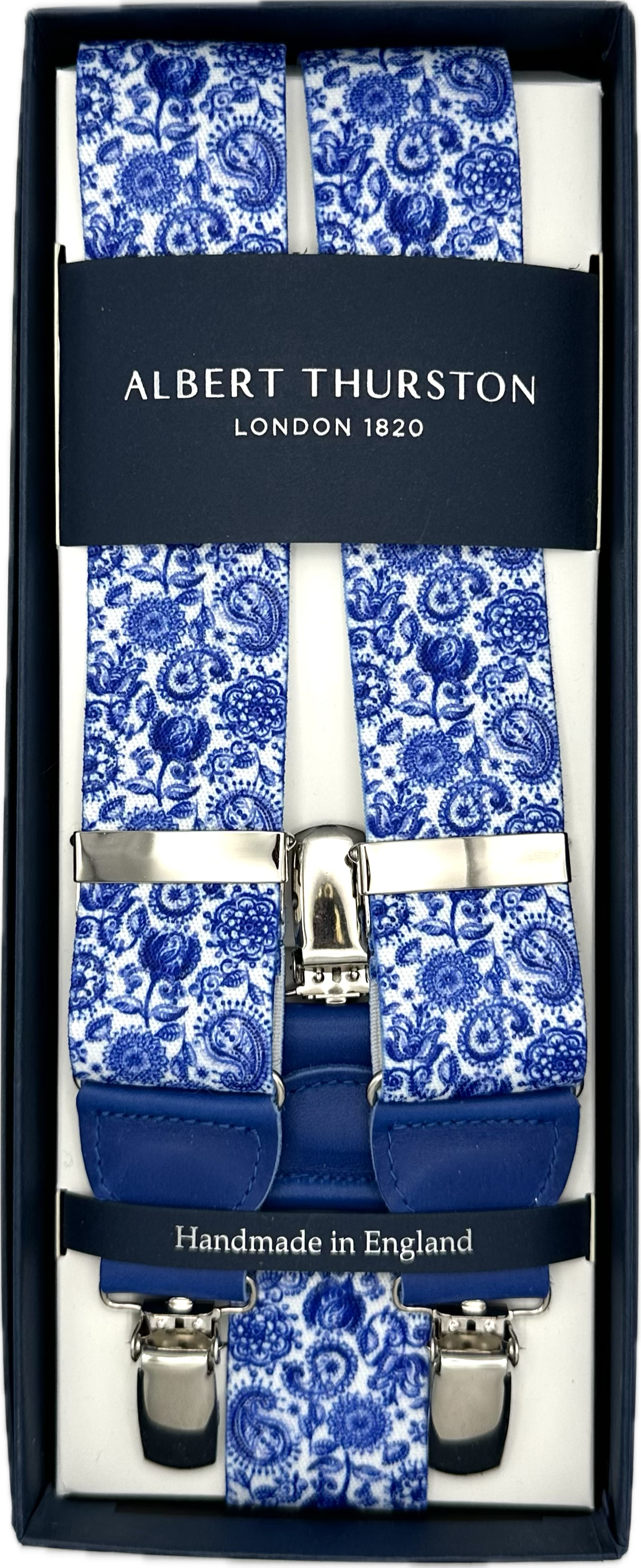 Bretelle elastico clip fantasia floreale royal blue Albert Thurston