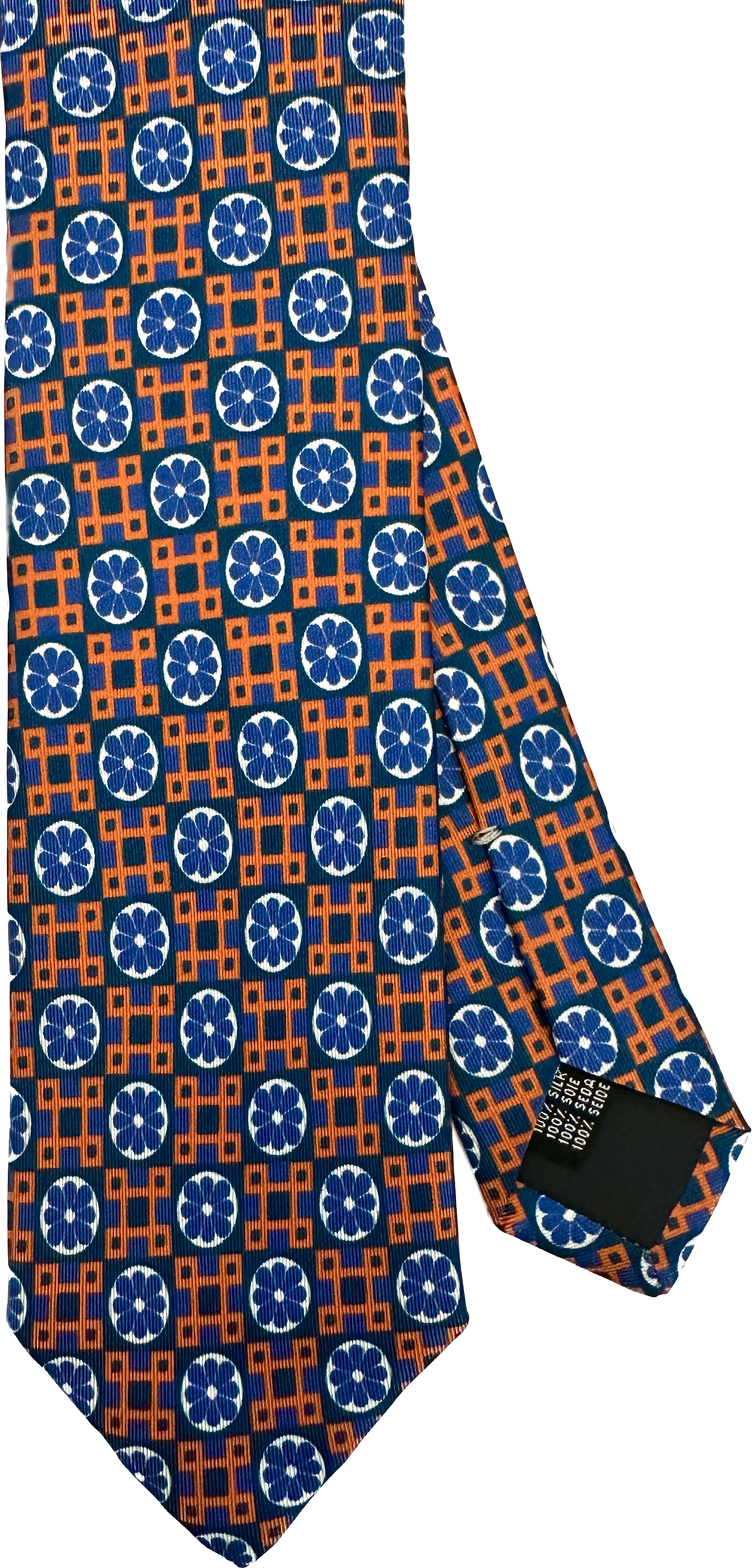 Cravatta seta fantasia geometrica fiore blu arancione Monsieur