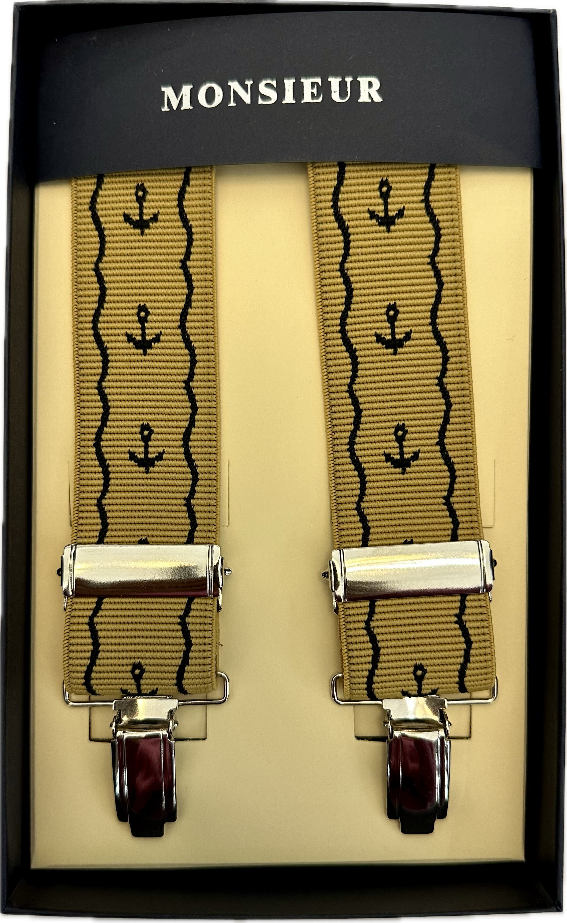 Bretelle elastico clip ancore ricamate ocra Monsieur