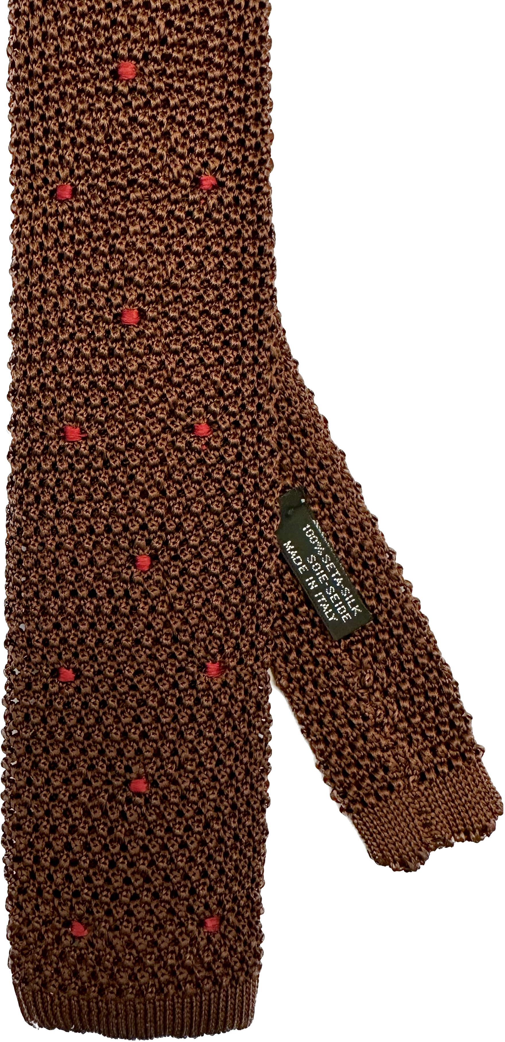 Cravatta in maglia di seta marrone pois piccolo rosso Monsieur