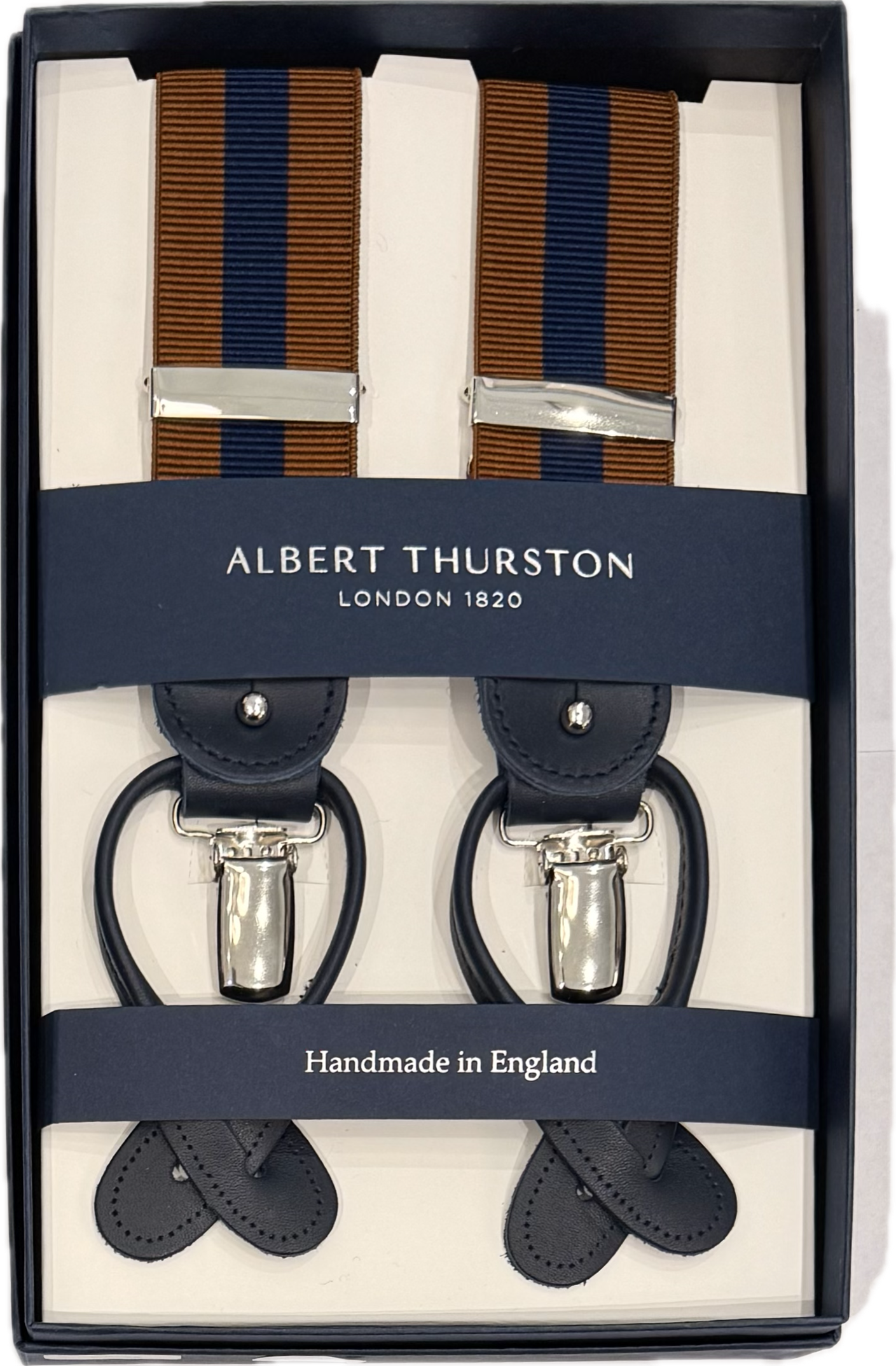 Bretelle elastico regimental blu marrone Albert Thurston