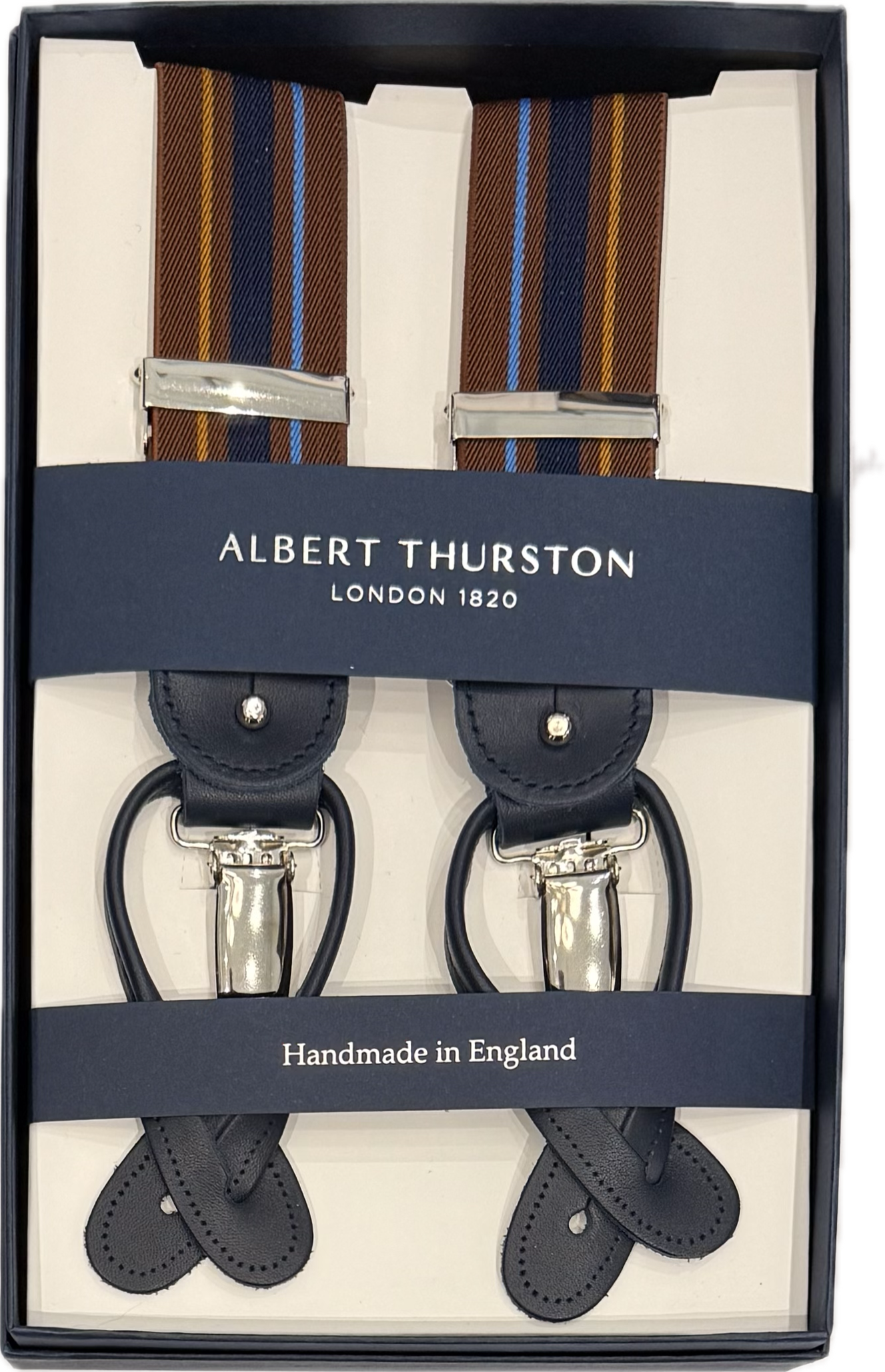 Bretelle elastico regimental blu marrone gialla light blue Albert Thurston