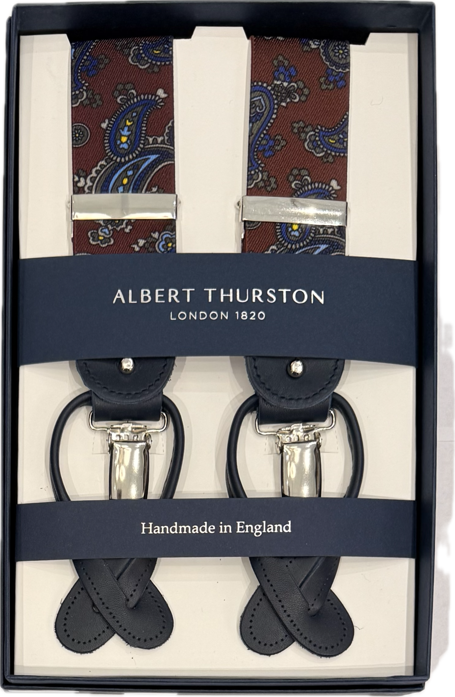 Bretelle elastico fantasia paisley moro blu Albert Thurston