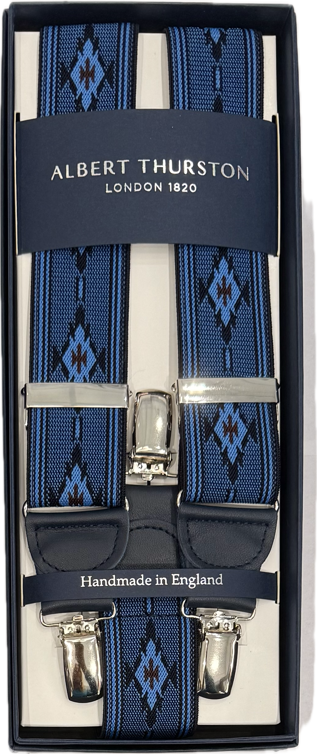 Bretelle elastico clip disegno navajo navy royal blue Albert Thurston
