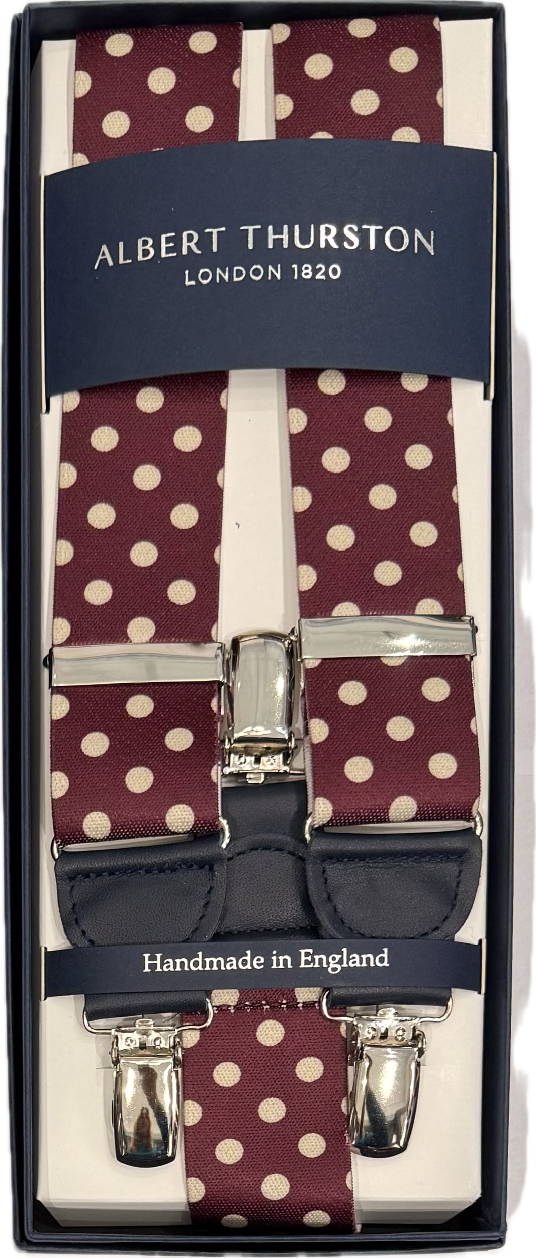 Bretelle elastico clip fantasia big dot bordeaux avorio Albert Thurston