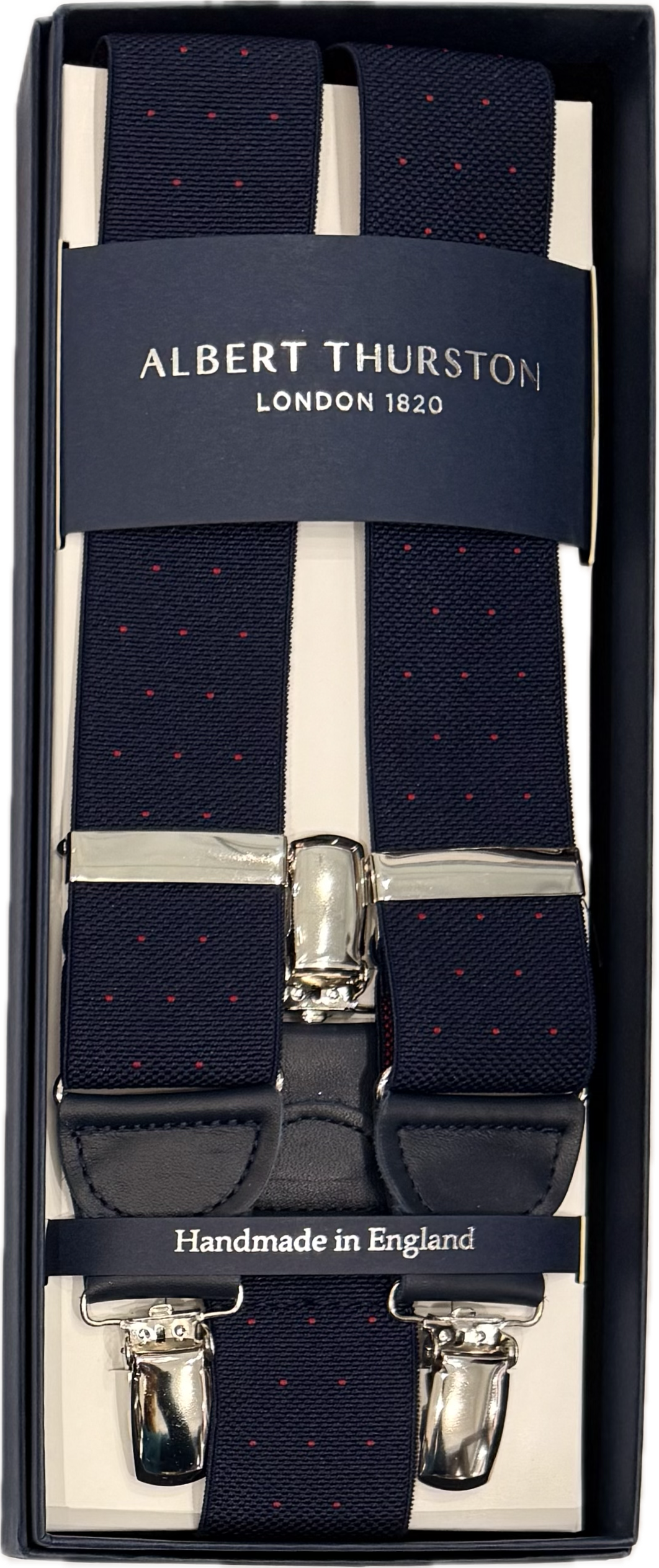 Bretelle elastico clip navy micro pois rosso Albert Thurston