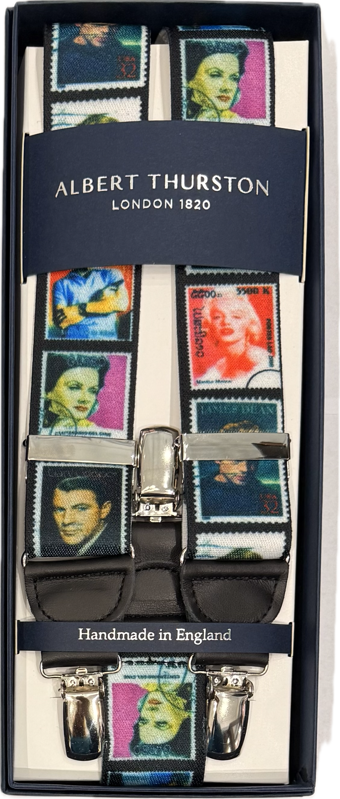 Bretelle elastico clip fantasia francobolli divi Albert Thurston