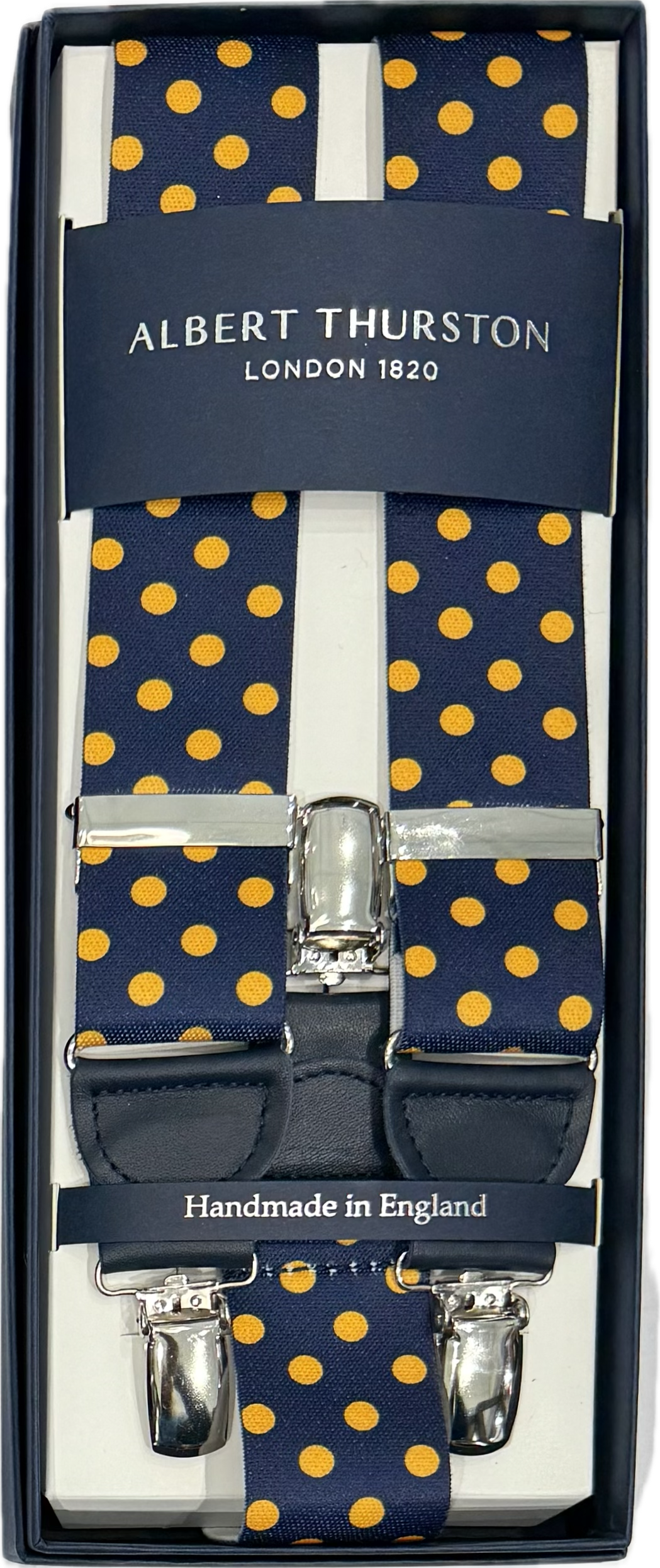 Bretelle elastico clip fantasia big dot blu gialla Albert Thurston