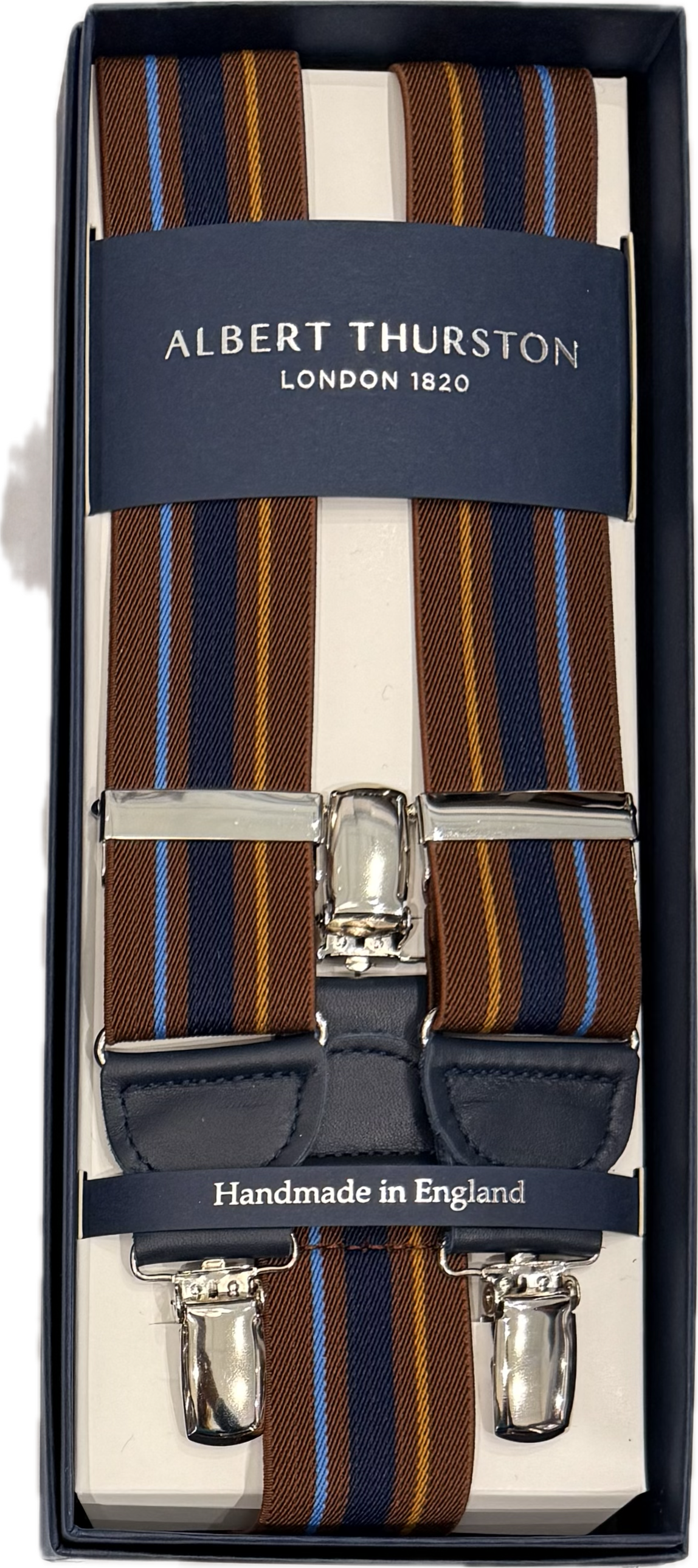 Bretelle elastico clip fantasia regimental blu marrone gialla light blue Albert Thurston