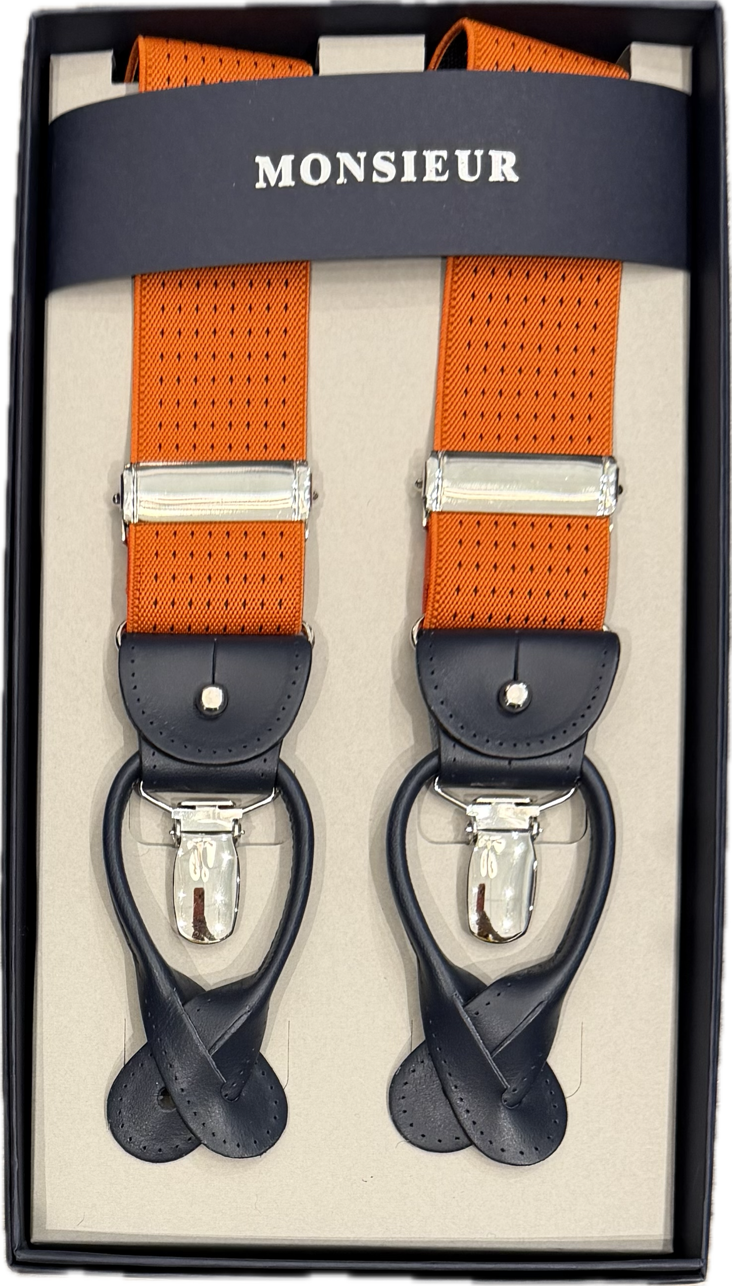 Bretelle arancioni micro pois blu Monsieur