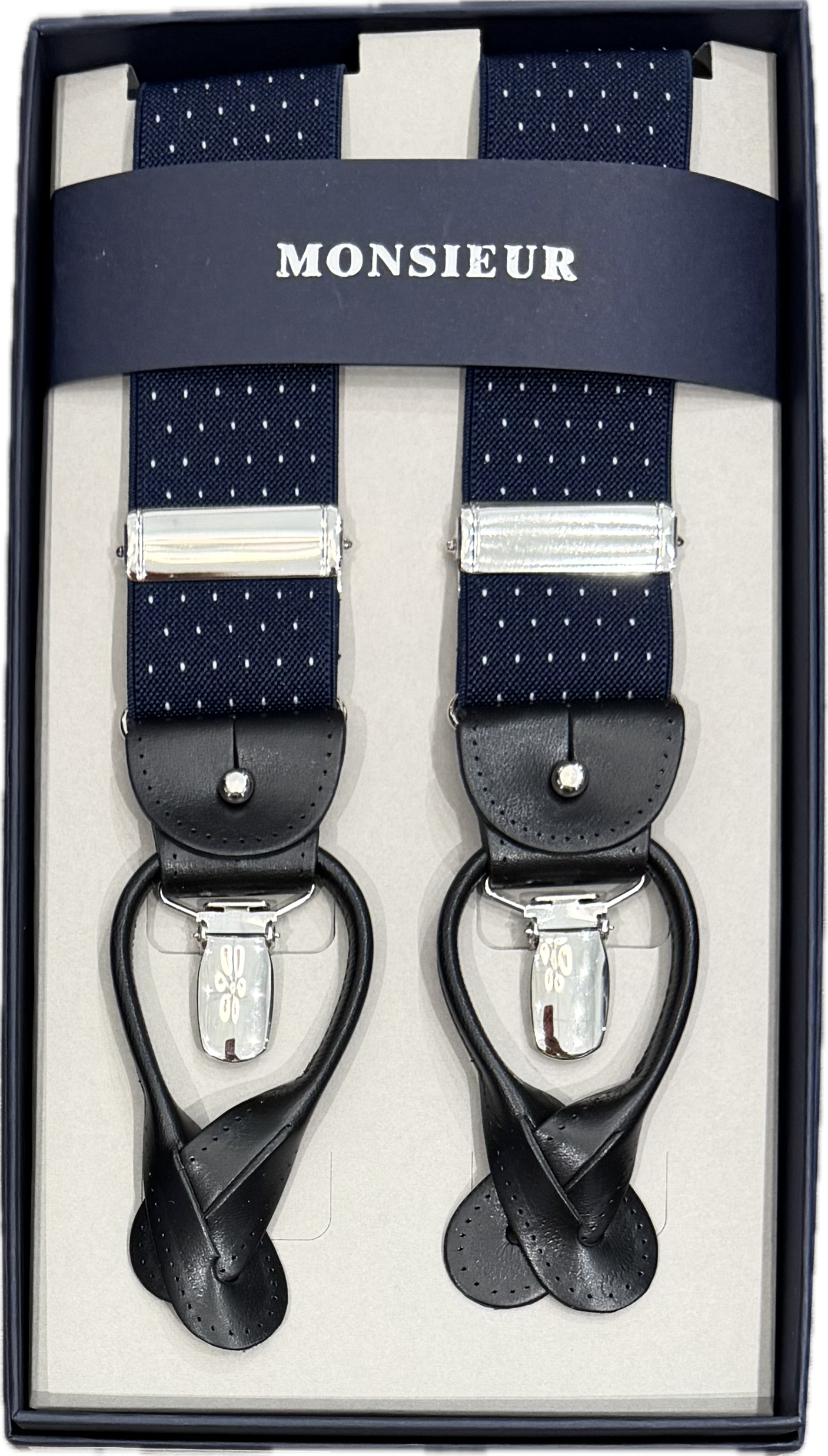Bretelle navy micro pois bianco Monsieur