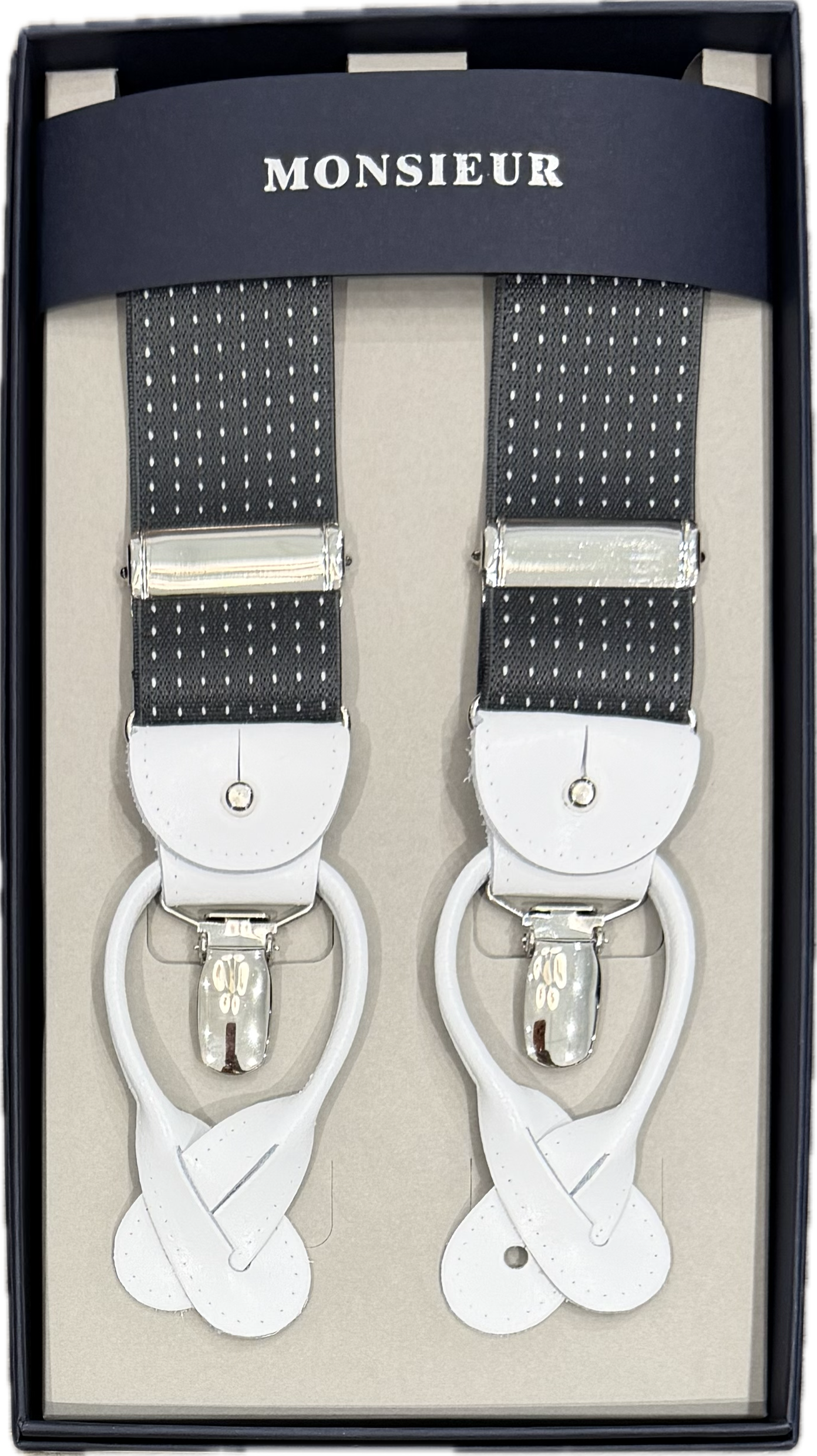 Bretelle grigia micro pois bianco Monsieur