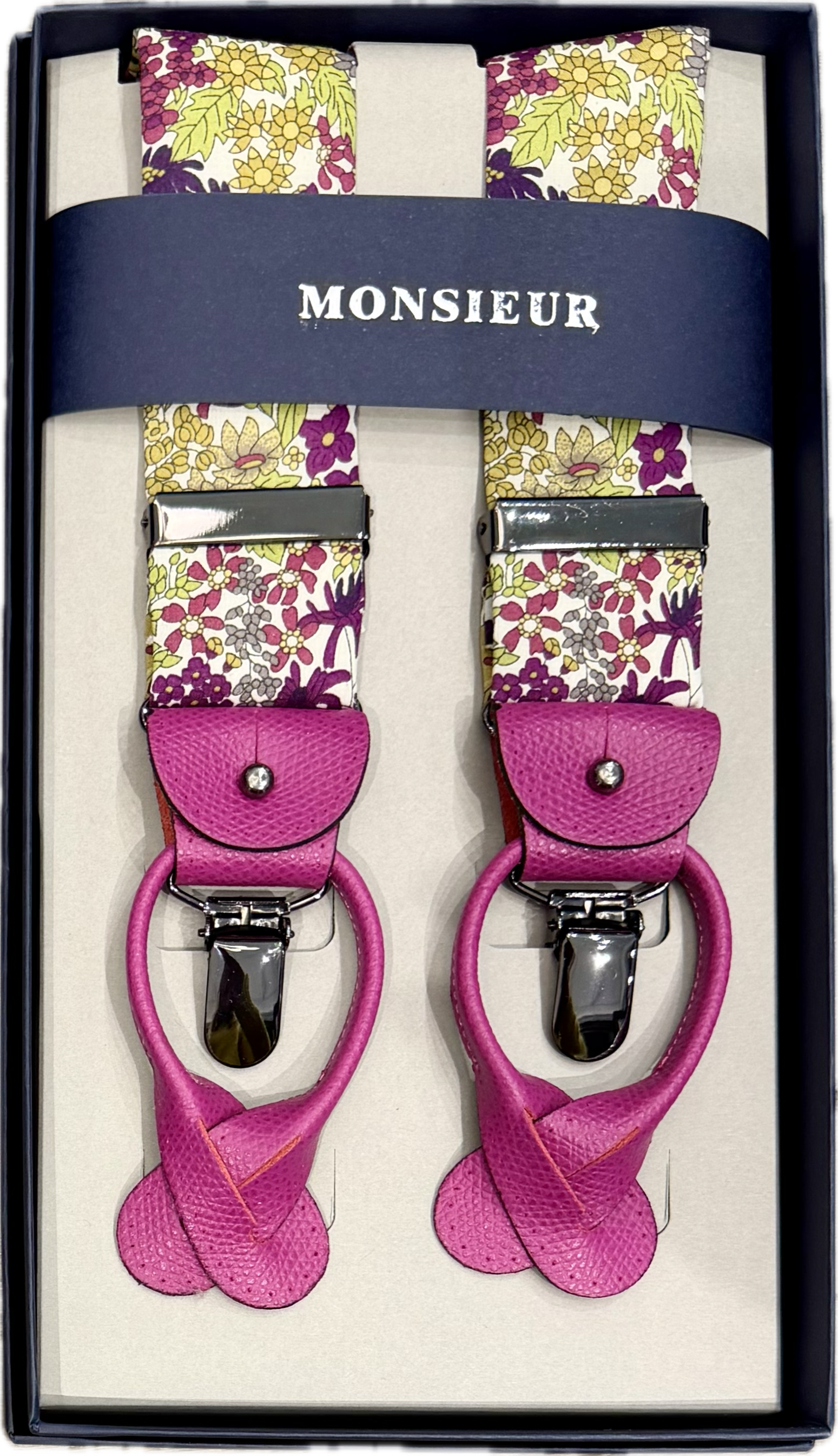 Bretelle cotone liberty verde fucsia Monsieur