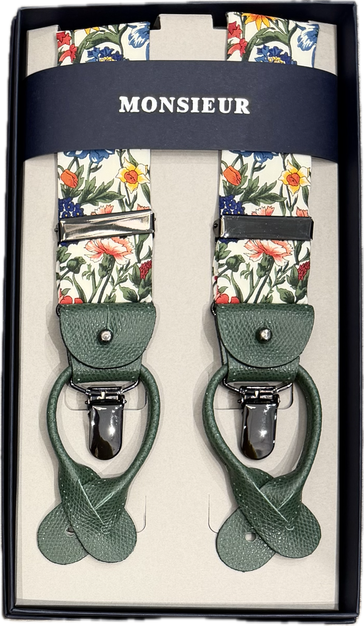 Bretelle cotone liberty bianca verde blu gialla rossa Monsieur