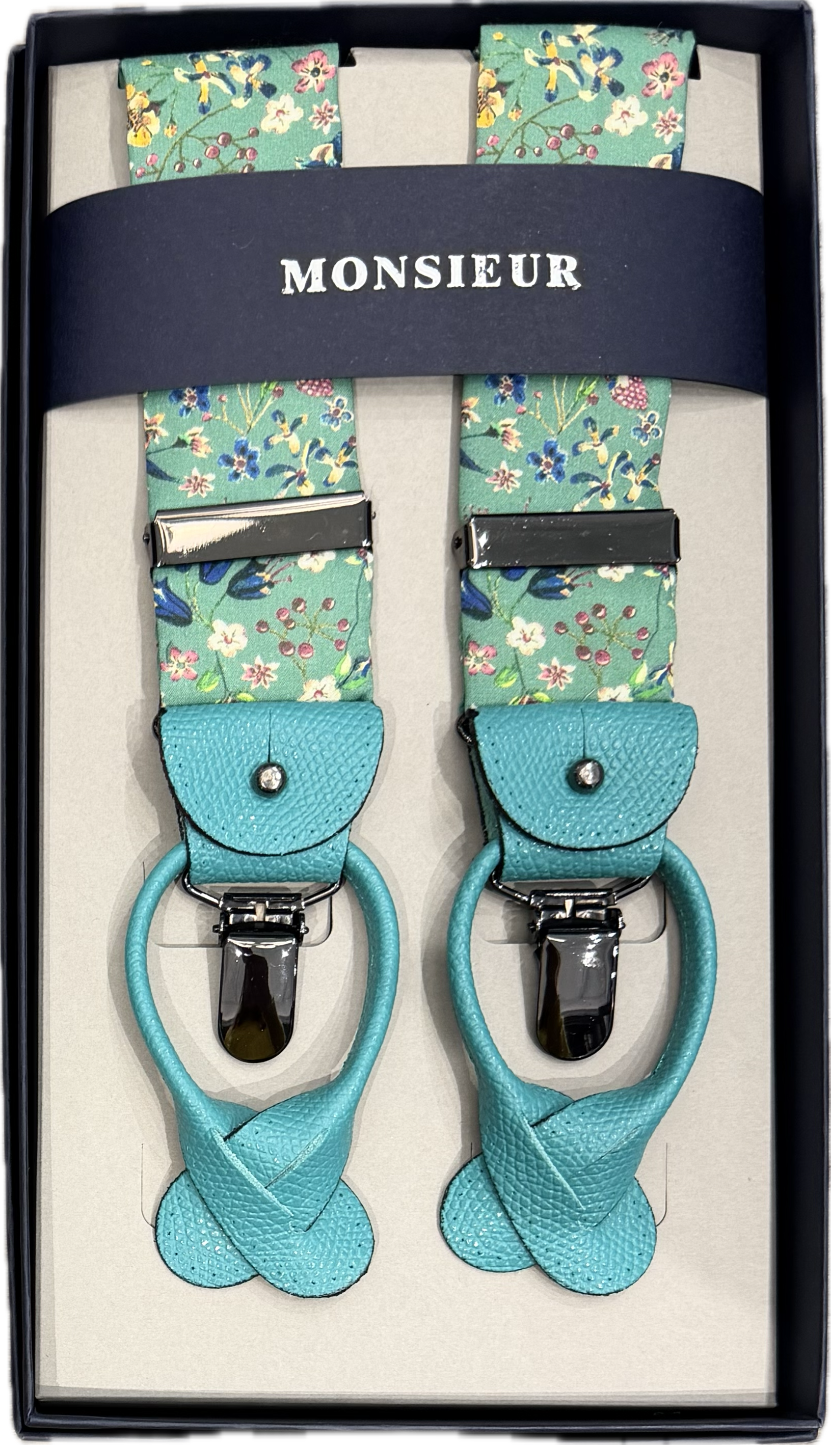 Bretelle cotone liberty verde smeraldo turchese Monsieur