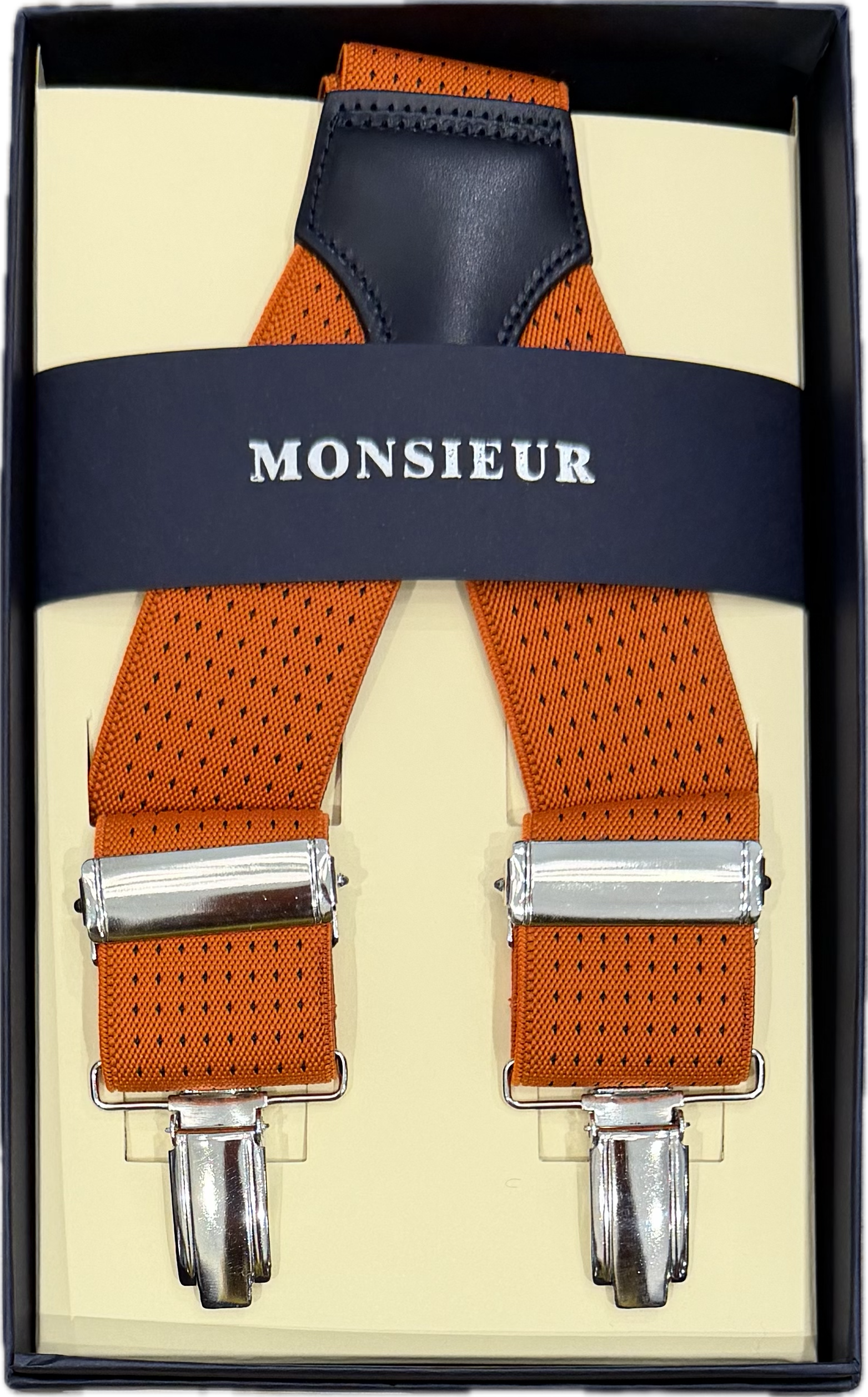 Bretelle elastico clip arancione pois blu Monsieur