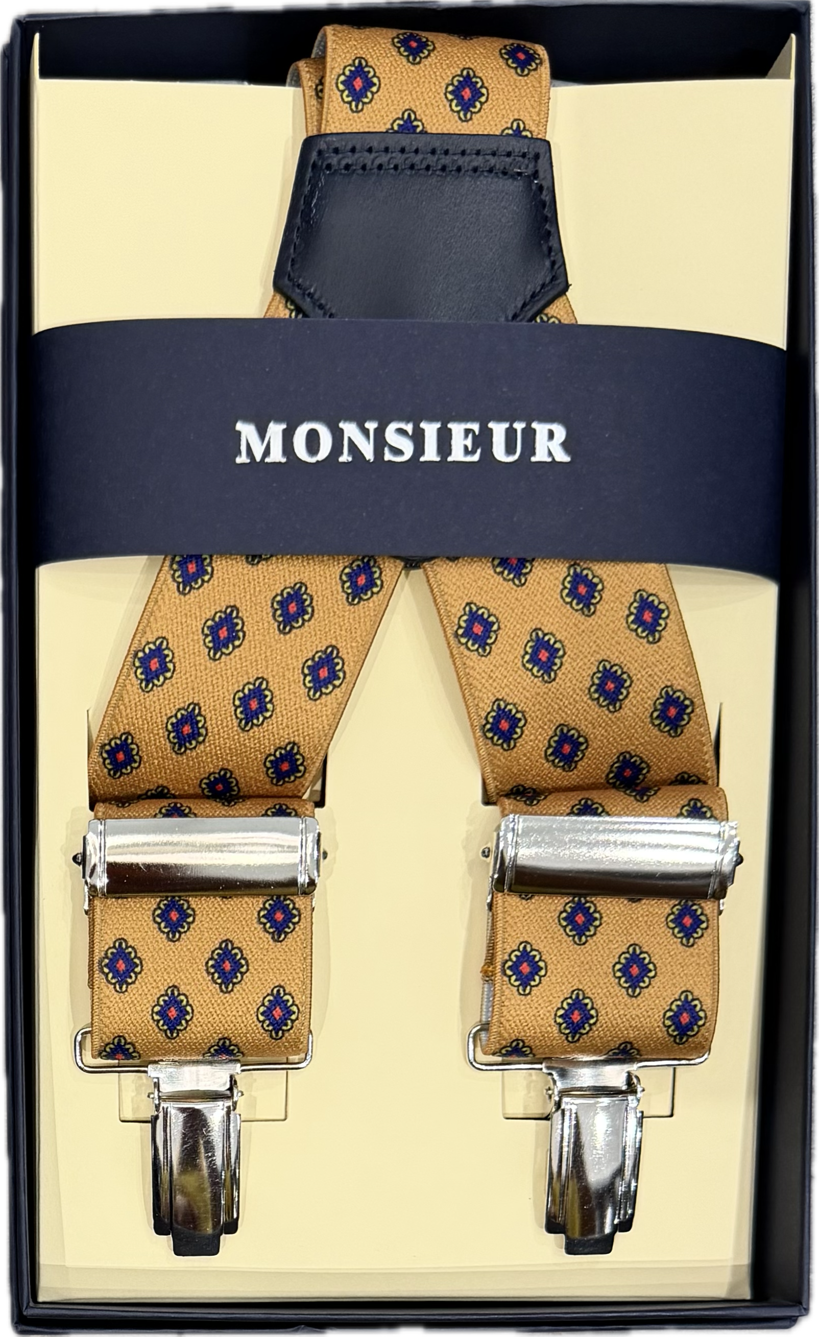 Bretelle elastico clip fantasia cravatta ocra Monsieur