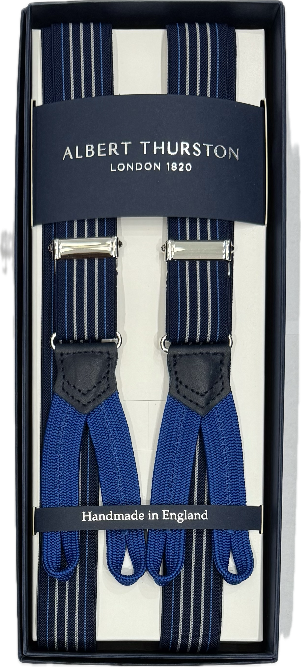 Bretelle elastico rigate navy strette Albert Thurston