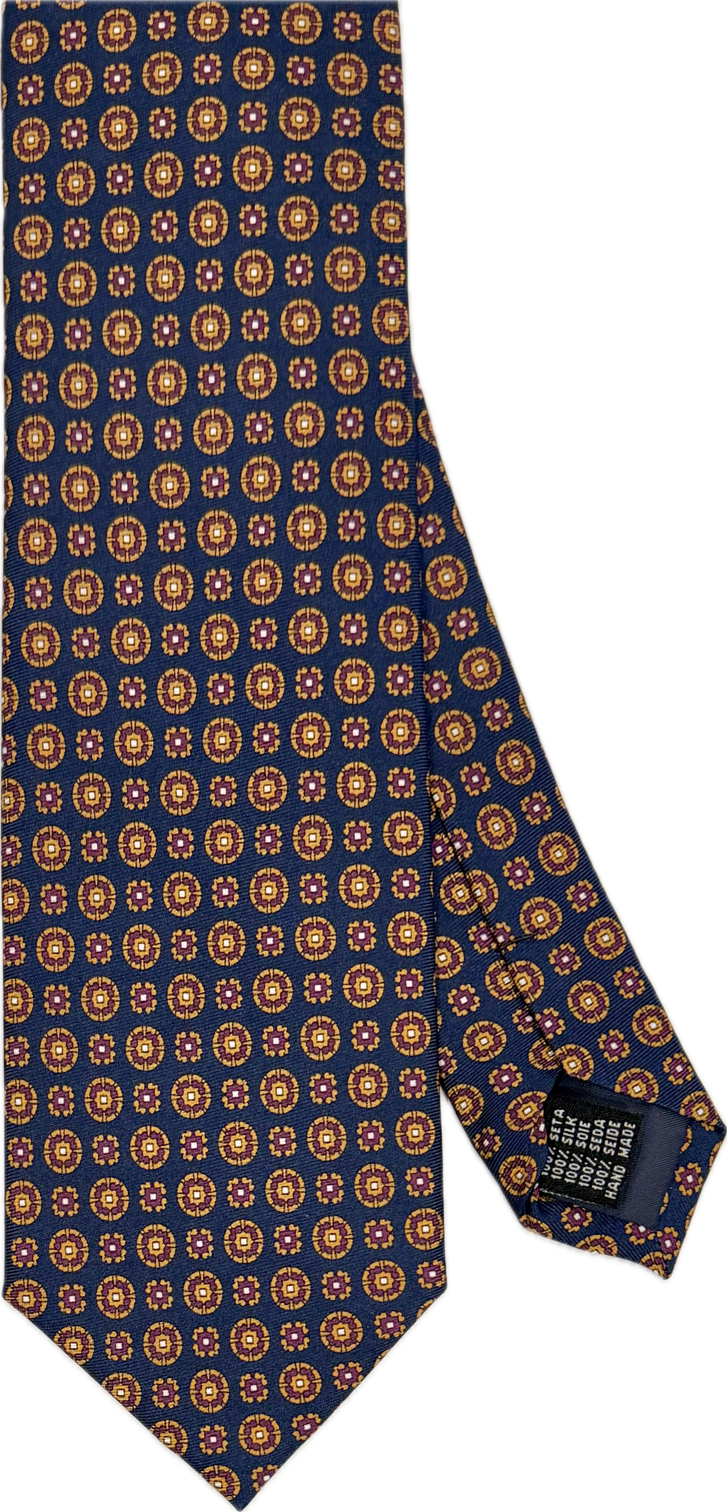 Cravatta seta fantasia piccoli medaglioni blu marrone Monsieur