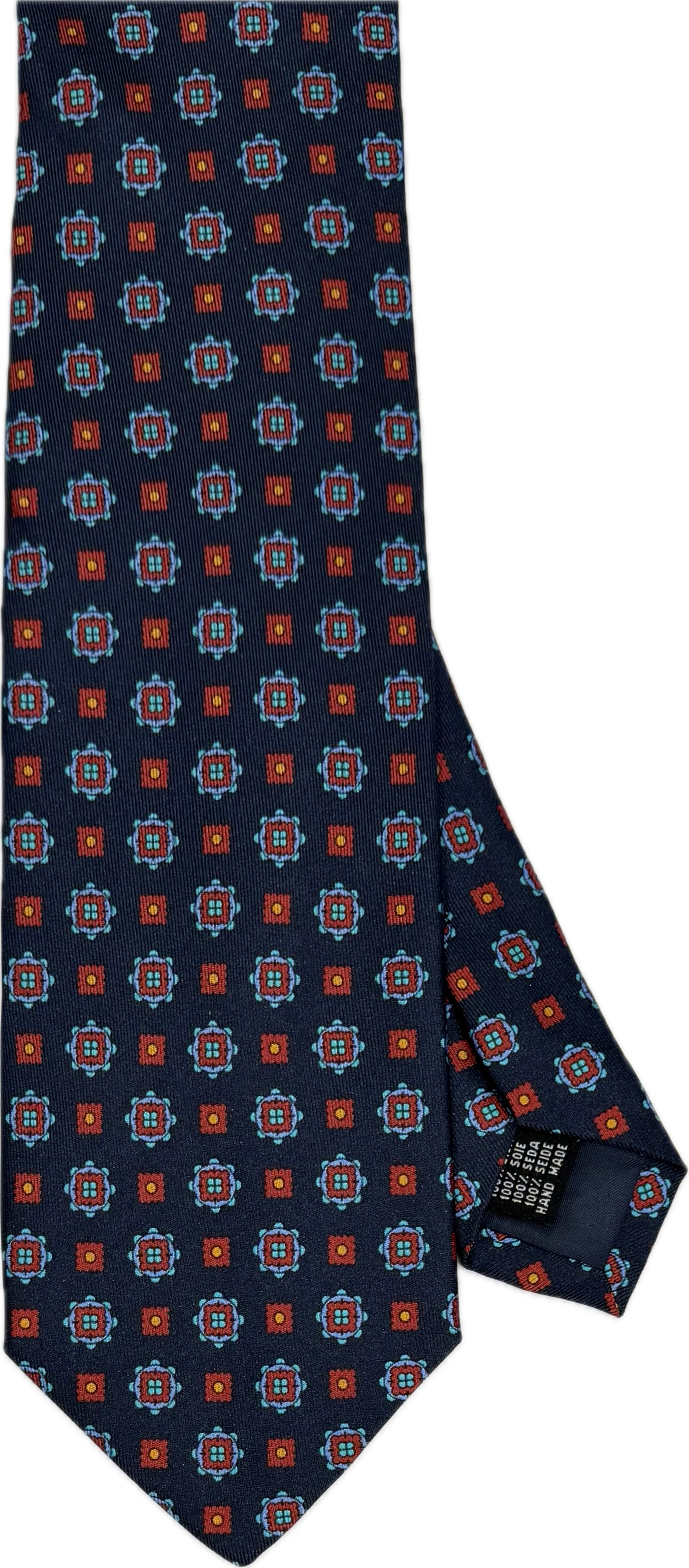 Cravatta seta fantasia geometrica blu celeste rossa Monsieur