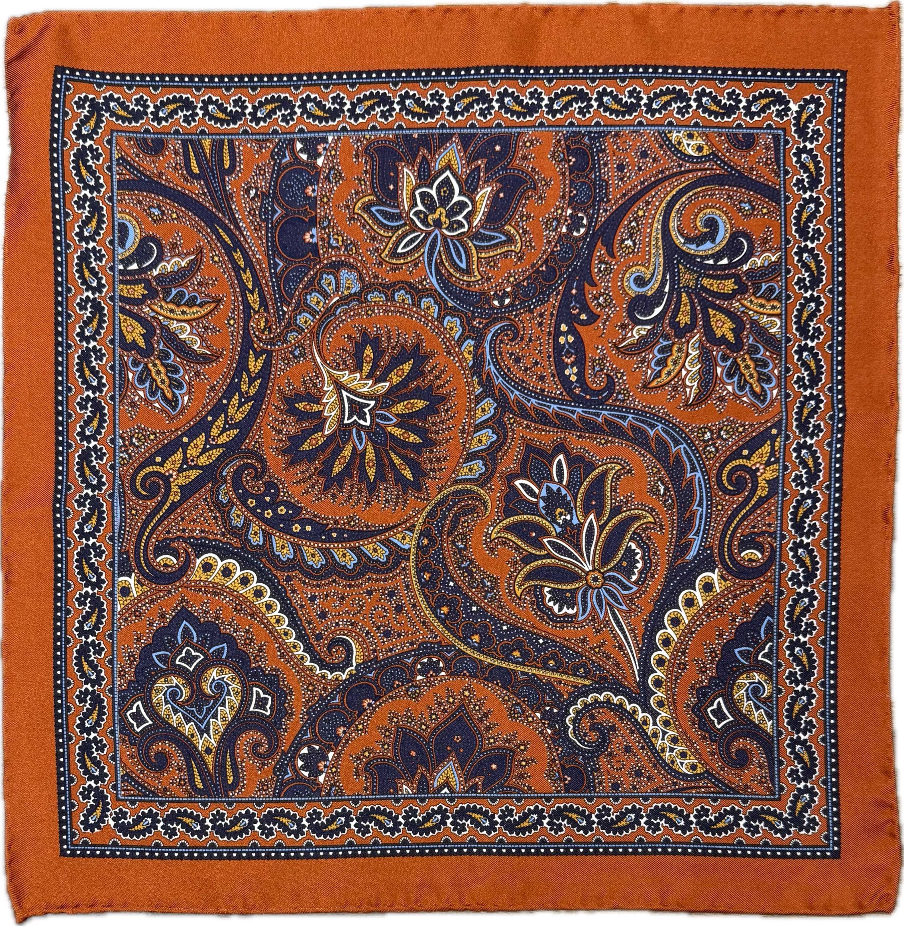 Pocket square seta fantasia paisley arancione navy gold Monsieur